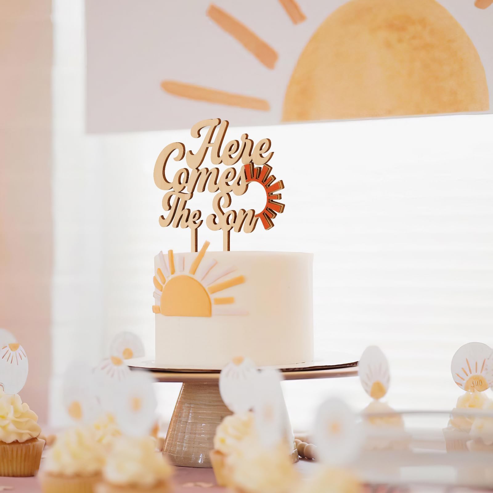 "Here Comes The Son" Boho Sun & Daisy Cake Topper Set | 42-Piece Baby Shower Decor In Orange & Blue - View #9