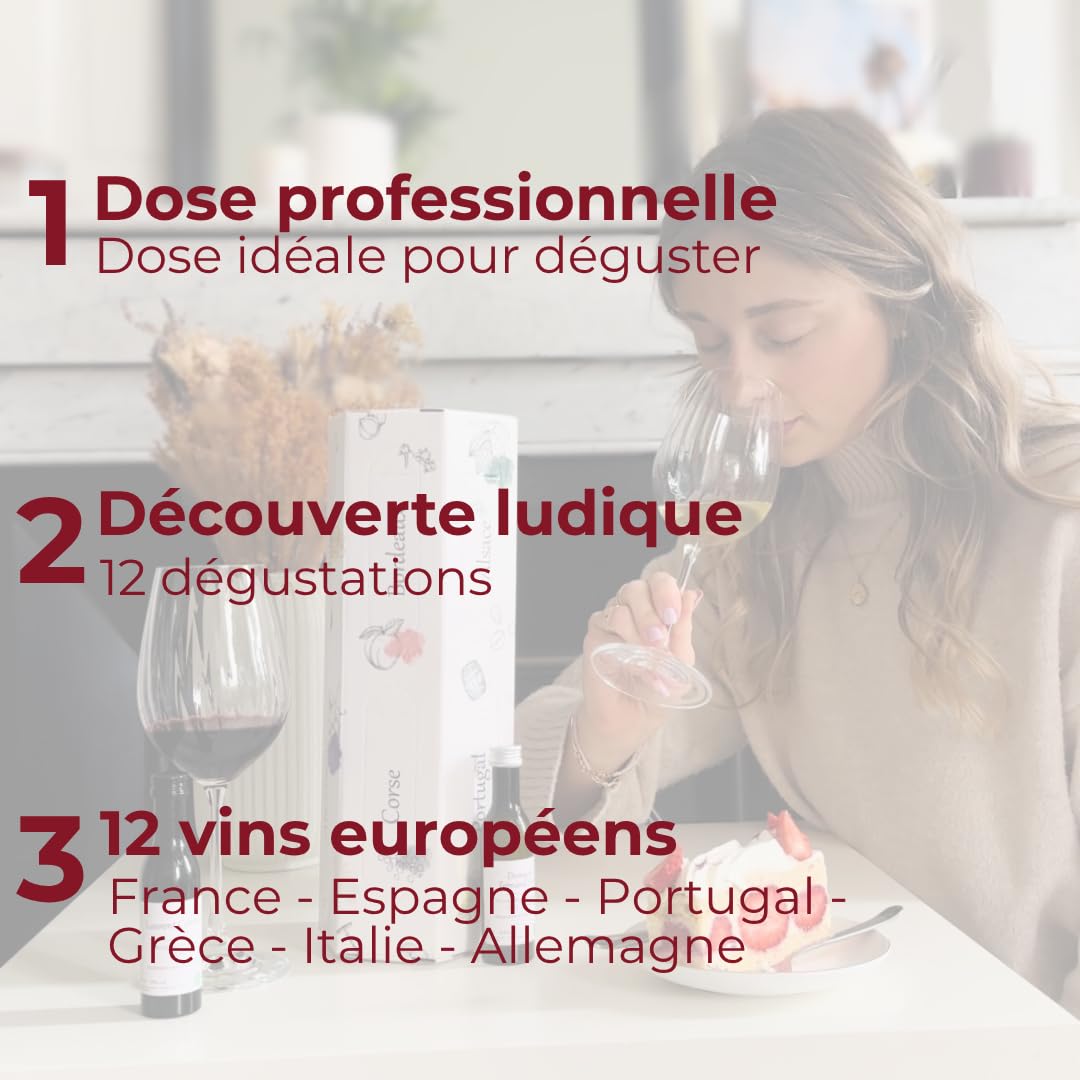 Coffret Vin à Partager - 12 Vins France & Europe - Dégustation Vin/Rouge/Blanc/Rosé - Coffret Dégustation Vins - 12 échantillons x 40 mL - Idée Cadeau - E-Tasting