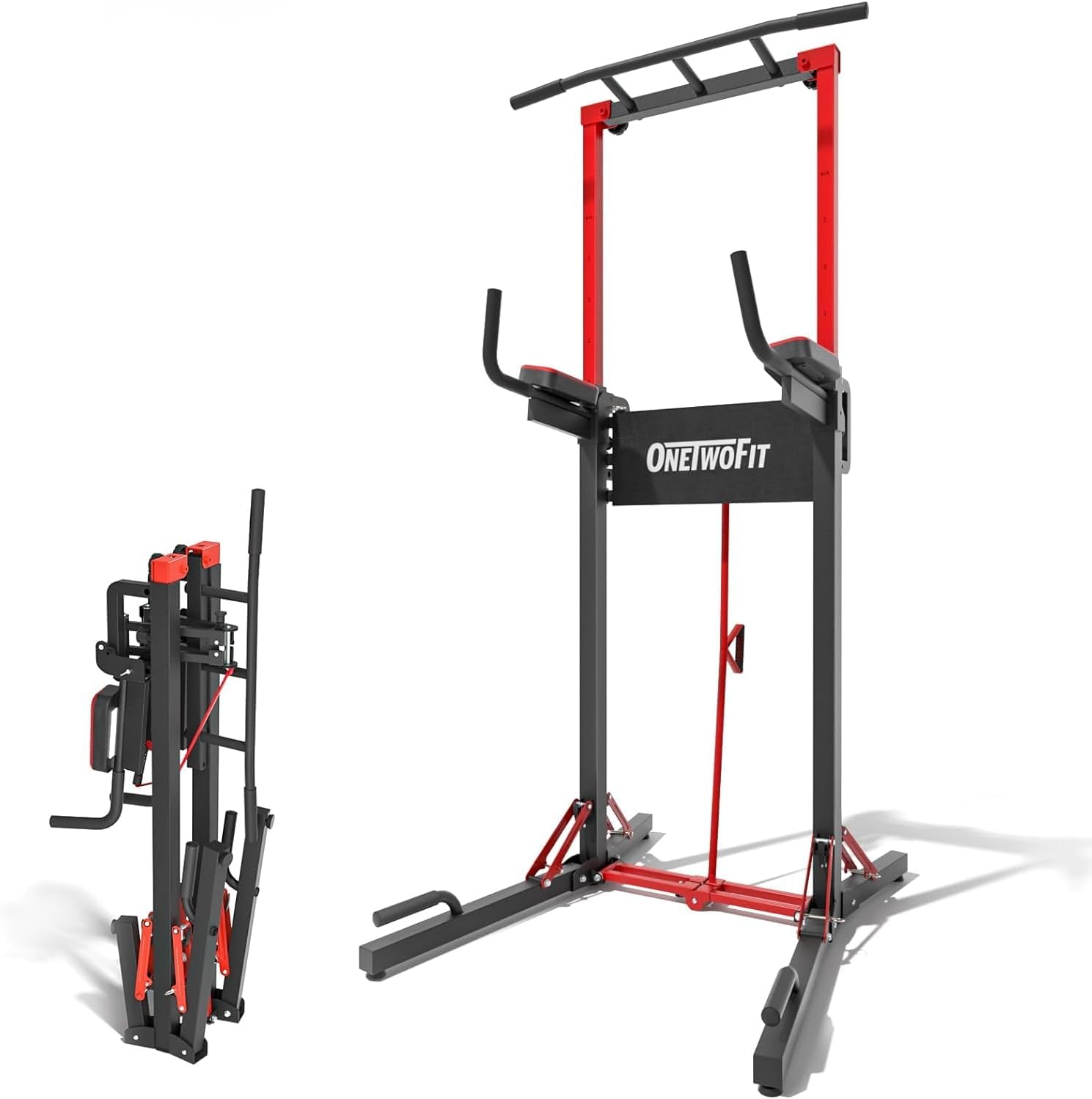ONETWOFIT Power Tower Foldable Pull Up Bar Station Dip Bar Adjustable | Multi-Function Adjustable Height Foldable Dip Station for Home Gym Workout,Heavy Duty Fitness Equipment 400/600LBS