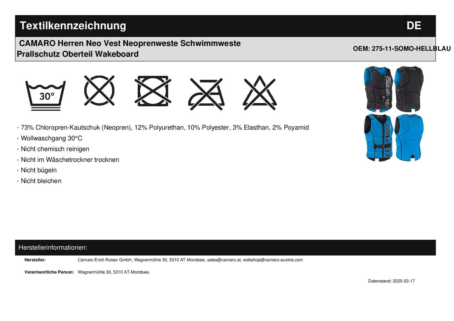 Camaro Comp Slasher Neopren Prallschutz Weste Wakeboard Kite Wasserski Black/Light Blue
