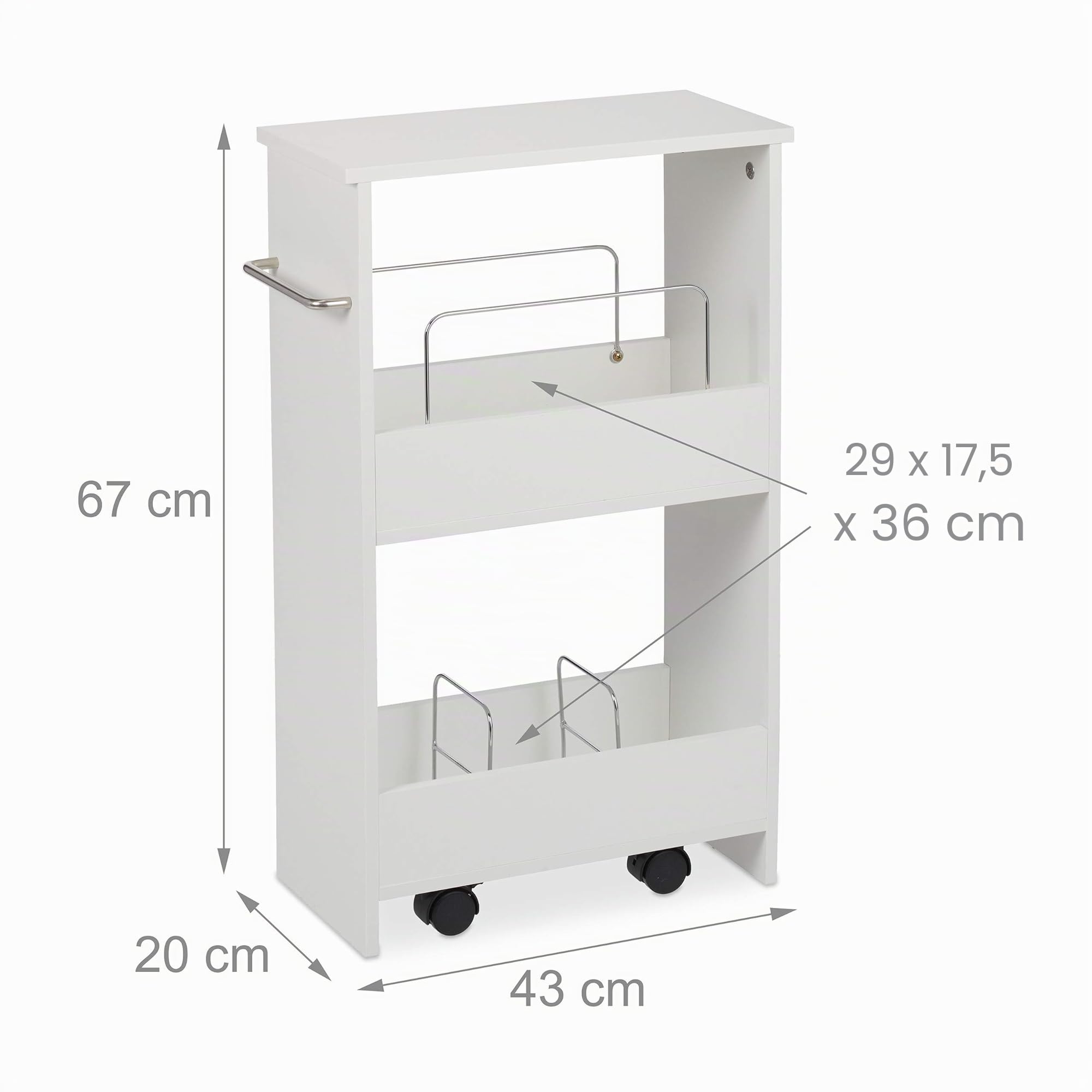 Relaxdays Mobiletto Salvaspazio, 2 Scomparti, Scaffale Stretto con Ruote, 20 cm Larghezza, per Bagno & Cucina, Bianco