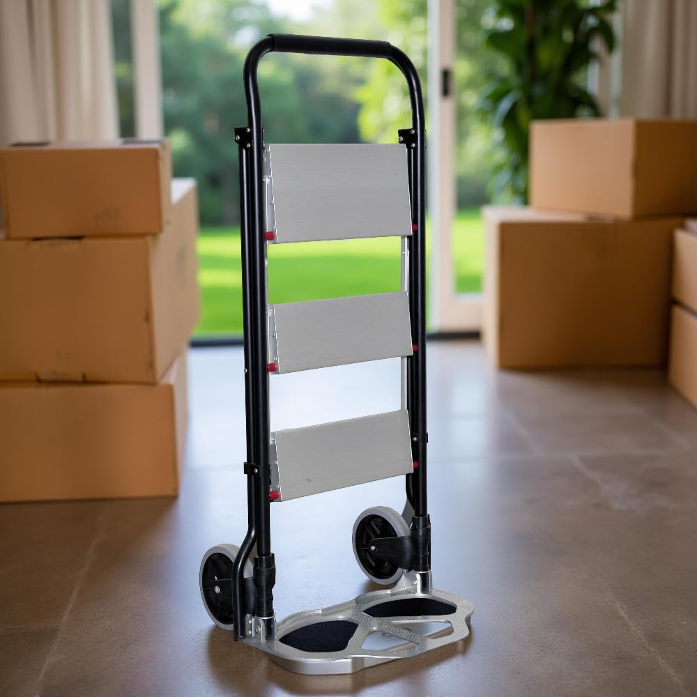 Scala-Carrello 2 in 1 - Pieghevole, 3 Gradini, Telaio di Acciaio, Ruote Pneumatiche, Portatutto, Design Anti-Scivolo, Resistente - Portata Massima 70kg