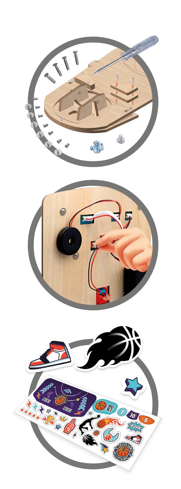 BUKI 2151 - Elektronischer Basketballkorb - DIY-Bausatz ab 8 Jahren – Ohne Löten montieren, 2 Spieler, 3 zusätzliche Geschicklichkeitsspiele enthalten – Maße 32×18×32 cm