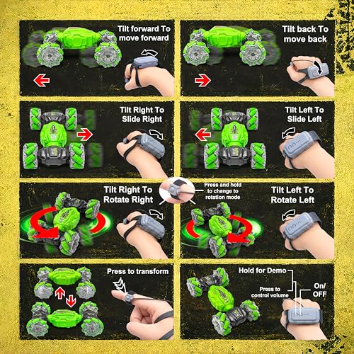 Image of VGRASSP Dual Control Twisting Drift Stunt Car Toy for Kids with Remote Control and Gesture Wrist Controller - Rechargeable 360 Rotating RC Car Toy with LED Lights, Sound Effects - Green