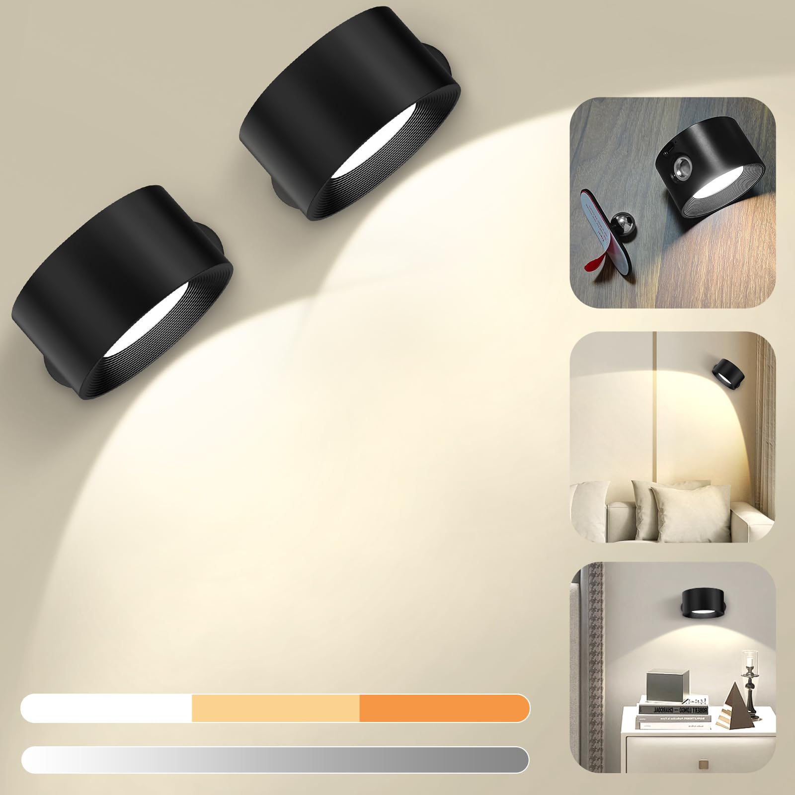Modern LED Wall Lights, 360° Free Rotation Dimmable Picture Light, No Drill Needed, Wall Sconce for Bedroom Living Room Nightstand Reading (Black, 2 Pack)