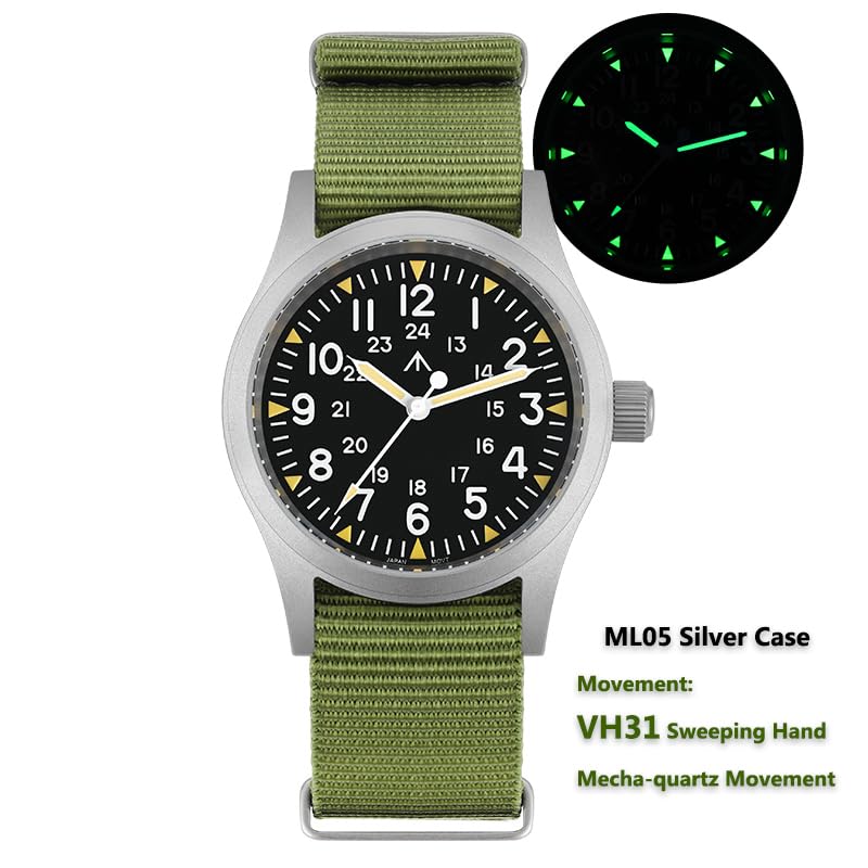Image of Militado ML05 38mm VH31 Quartz Watch - Domed Sapphire Crystal Field Watch C3 Super Luminous Retro Sweep Wrist Watch for Men 100M Waterproof