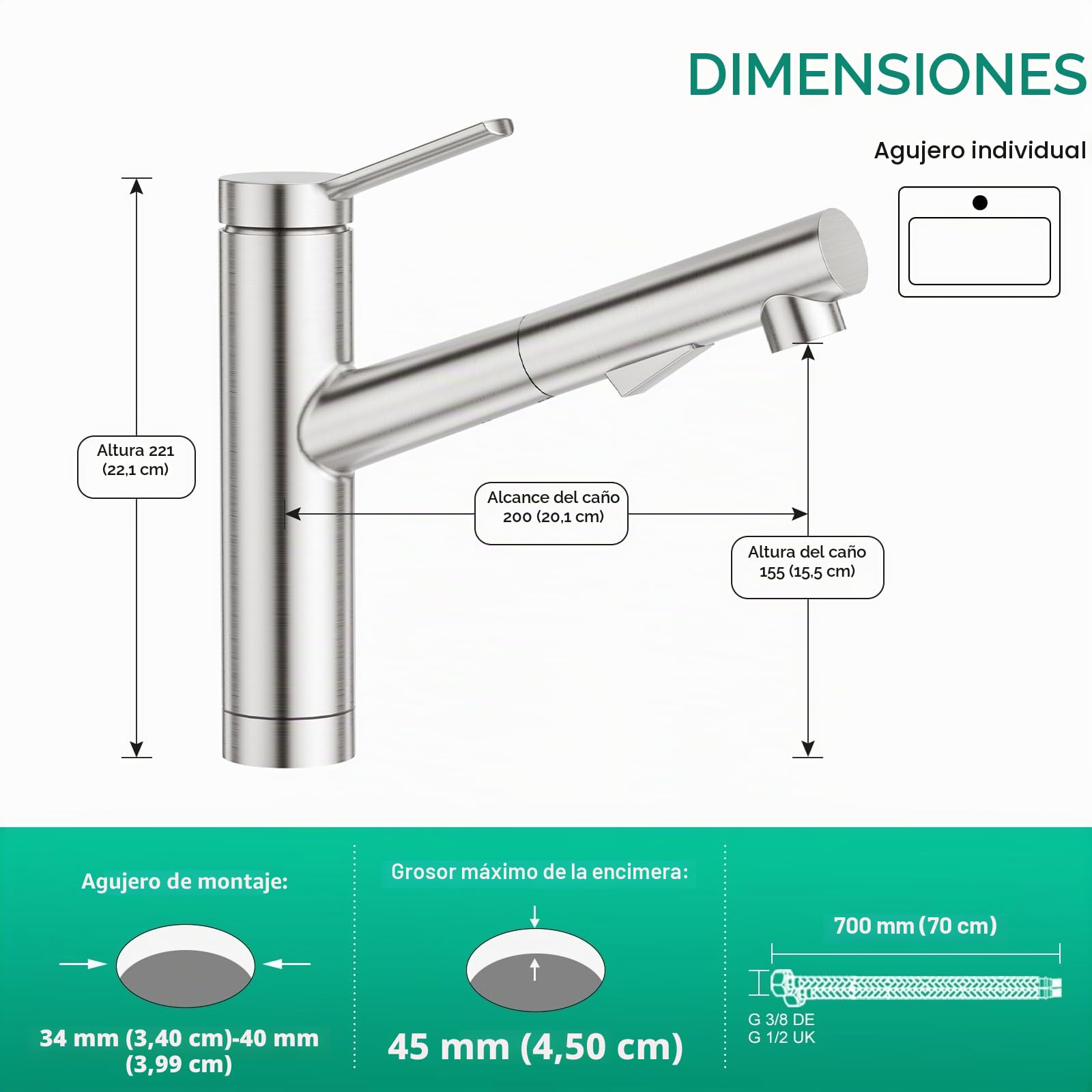 CREA Grifo Cocina Extraible, Grifo de Cocina con 2 Modos de Ducha, Grifo para Fregadero Giratorio a 120°, Grifo Mezclador Cocina con Ducha Extraíble,Acero inoxidable