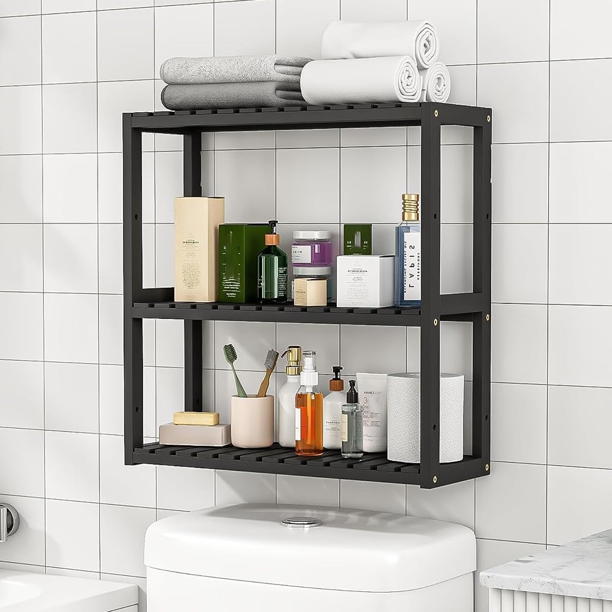 Genérico Estante de bambú para Colocar sobre el Inodoro, Organizador de Pared de 3 Niveles para baño, Cocina y Sala de Estar, estantes flotantes, Elegante Acabado Negro, solución Que Ahorra Espacio.