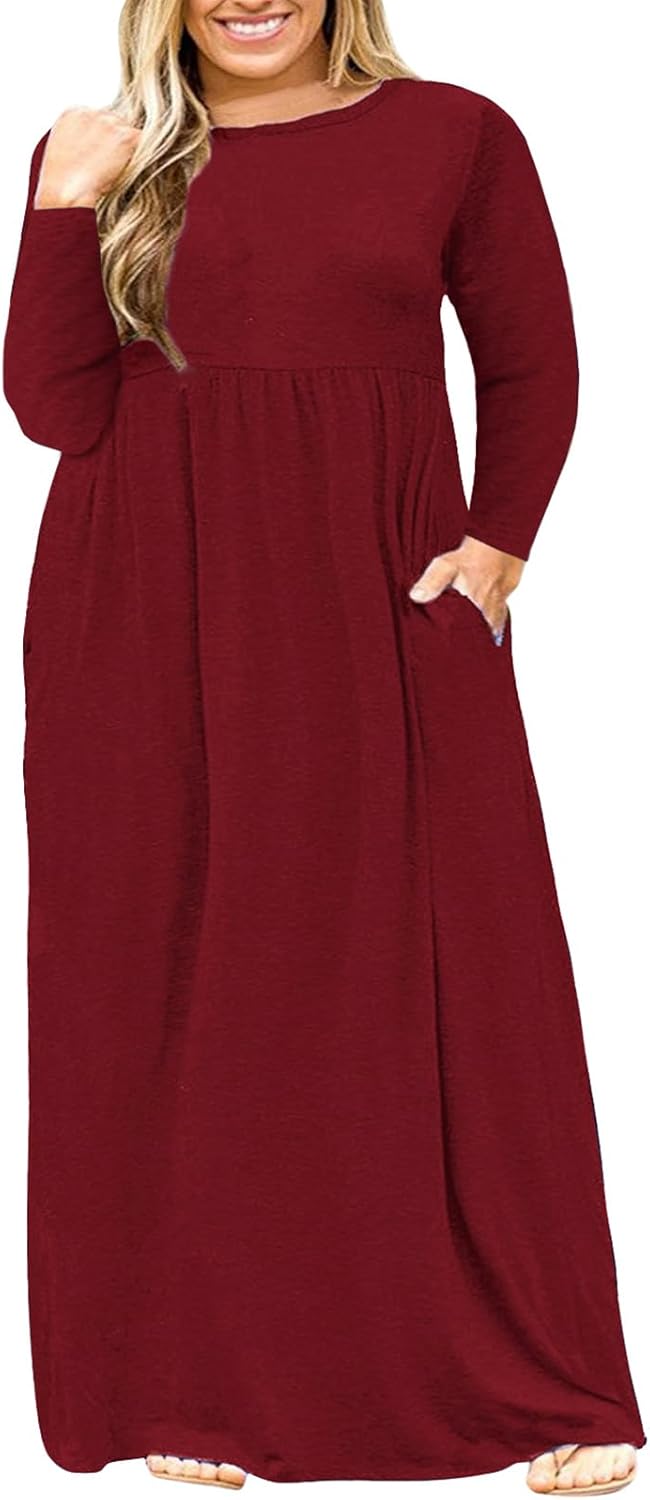 Nemidor Plus Size Maxi Dress for Curvy Women Fall Casual Loose Long Sleeve Dresses with Pocket 14-26