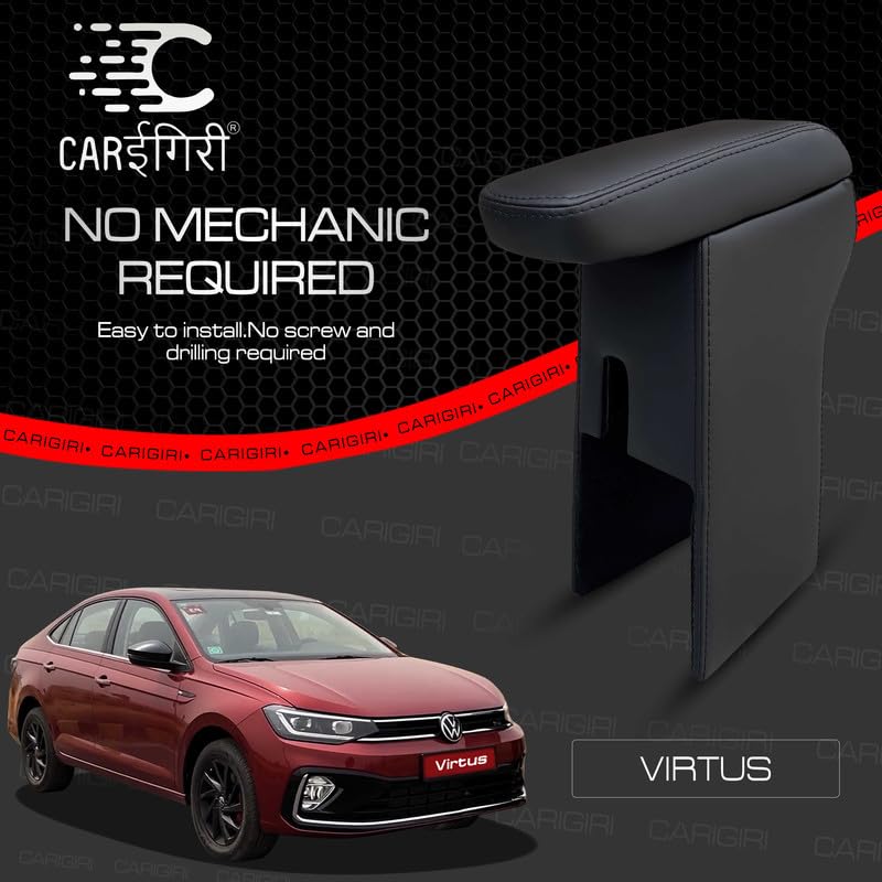 Image of Carigiri Premium Finish Car Armrest with Storage Box And High Density Moulded Foam For Volkswagen Virtus (Black With Black Seam,Nappa Leatherette)