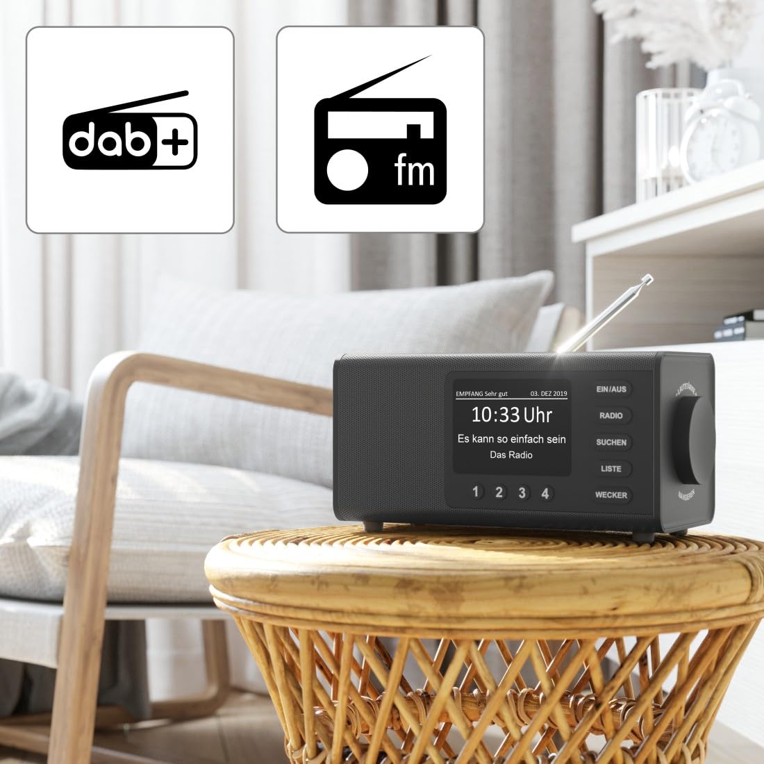 Hama DAB Radio mit DAB+/DAB und FM DR1000DE (Digitalradio mit großem Display, Küchenradio mit einfacher Bedienung, kleines Radio mit großen Tasten, UKW, AUX, 5W, Radiowecker, Seniorenradio) schwarz