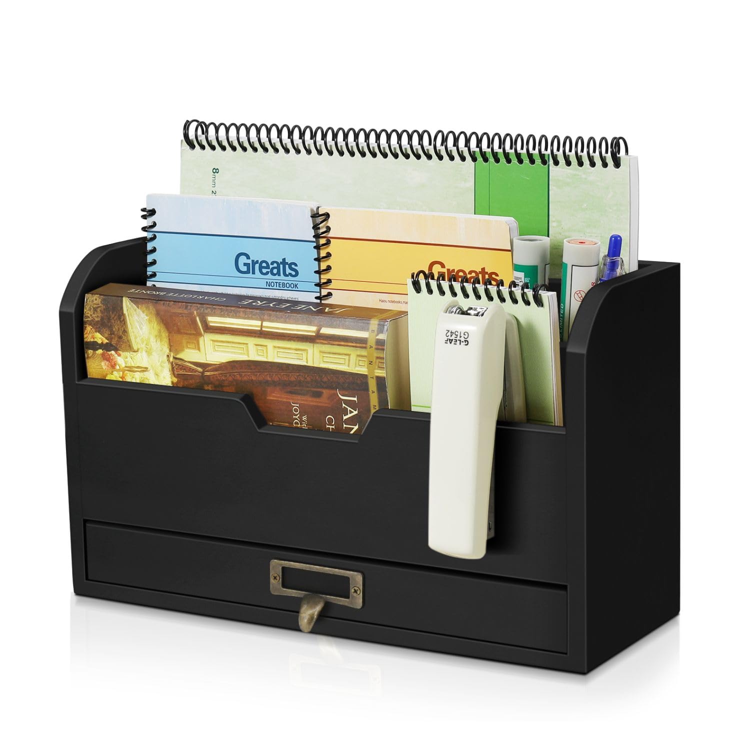 Flexzion 3 Tier Wooden Desk Organizer - Country Rustic Mail Organizer Countertop Compartments Slot File Tray Pencil Sorter Shelf Holder Accessories Set with Storage Drawer for Home Office, Light Brown