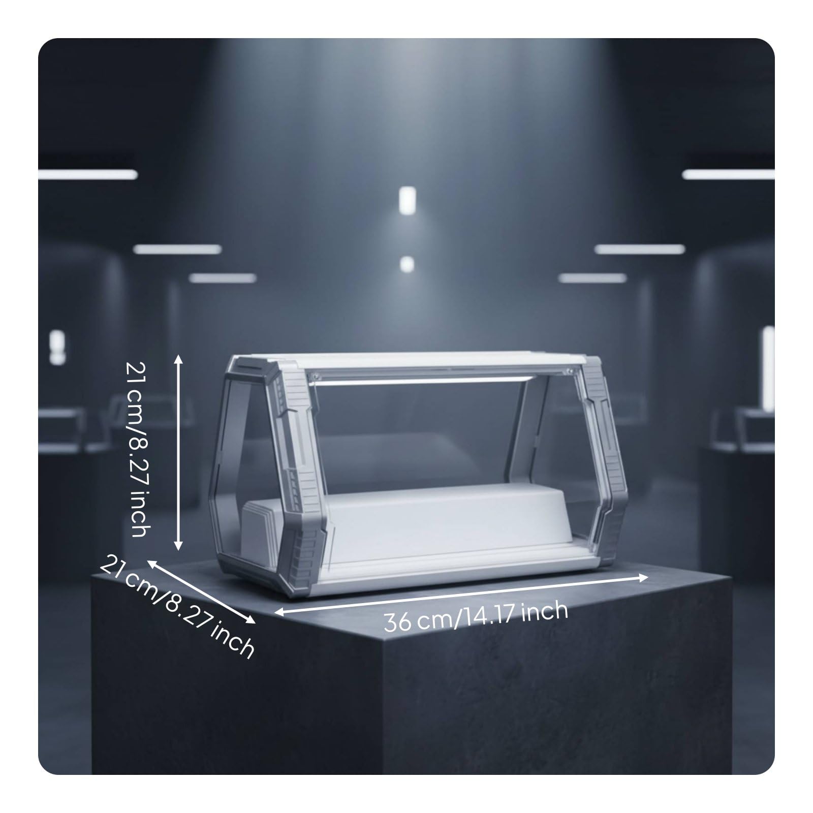 Vitrine Figuren Vitrinenschrank Schaukasten Sammlervitrine mit Led Innenbeleuchtung Weiß Warm Klappdeckel Pet Material Staubfrei Feuchtegeschützt mit , Silber , Size to 3