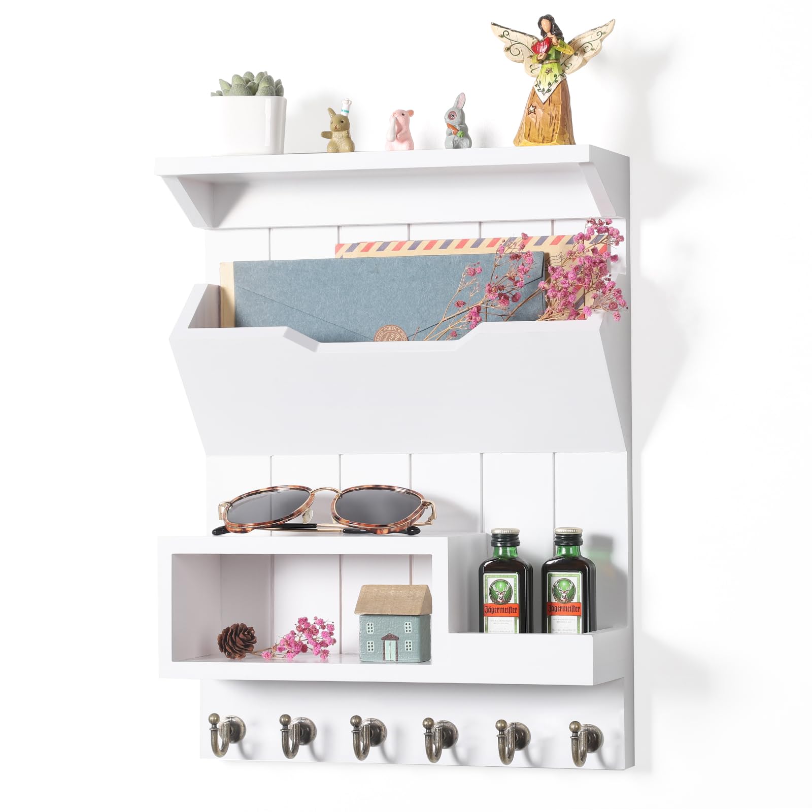 Key Holder for Wall, Elegant Wall-Mounted Mail Organizer, Key and Mail Holder for Wall with 6 Key Hooks, Key Racks for Rustic Home Decor, Pine Wood Luxury White Plus
