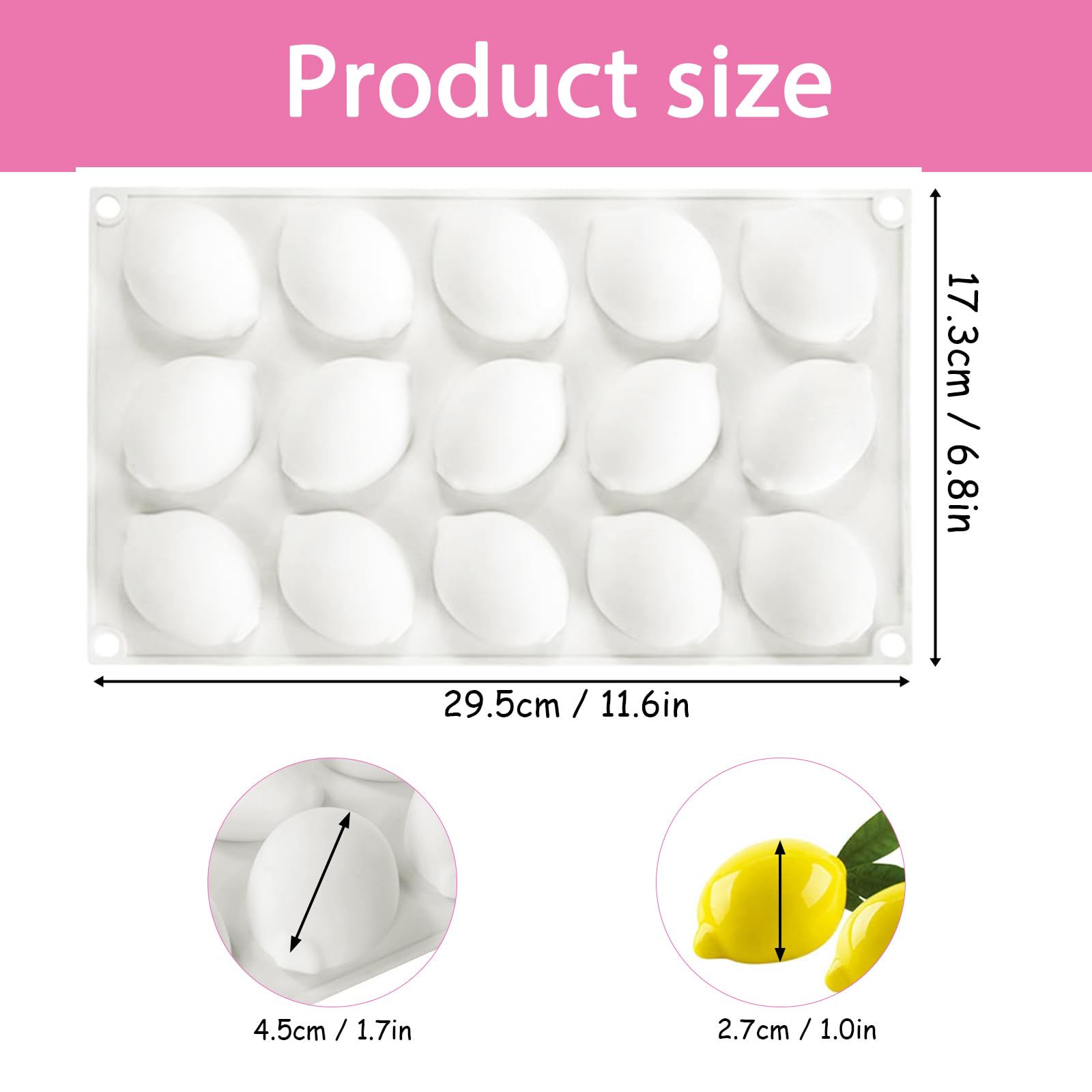 Silicone Lemon Mold, 15-Cavity Fruit Shape Baking Tray for Desserts, White