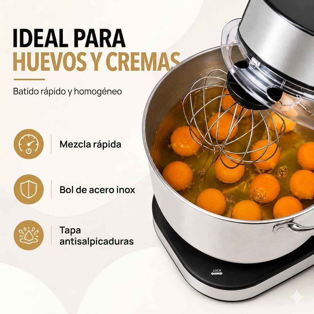 Royal Swiss Robot Pastelero Profesional 12L 2000W Mezcla Planetaria, Pantalla LED Táctil, 12 Velocidades, Cuenco Inox, Tapa Antisalpicaduras Gancho, Batidor, Batidora Multifunción