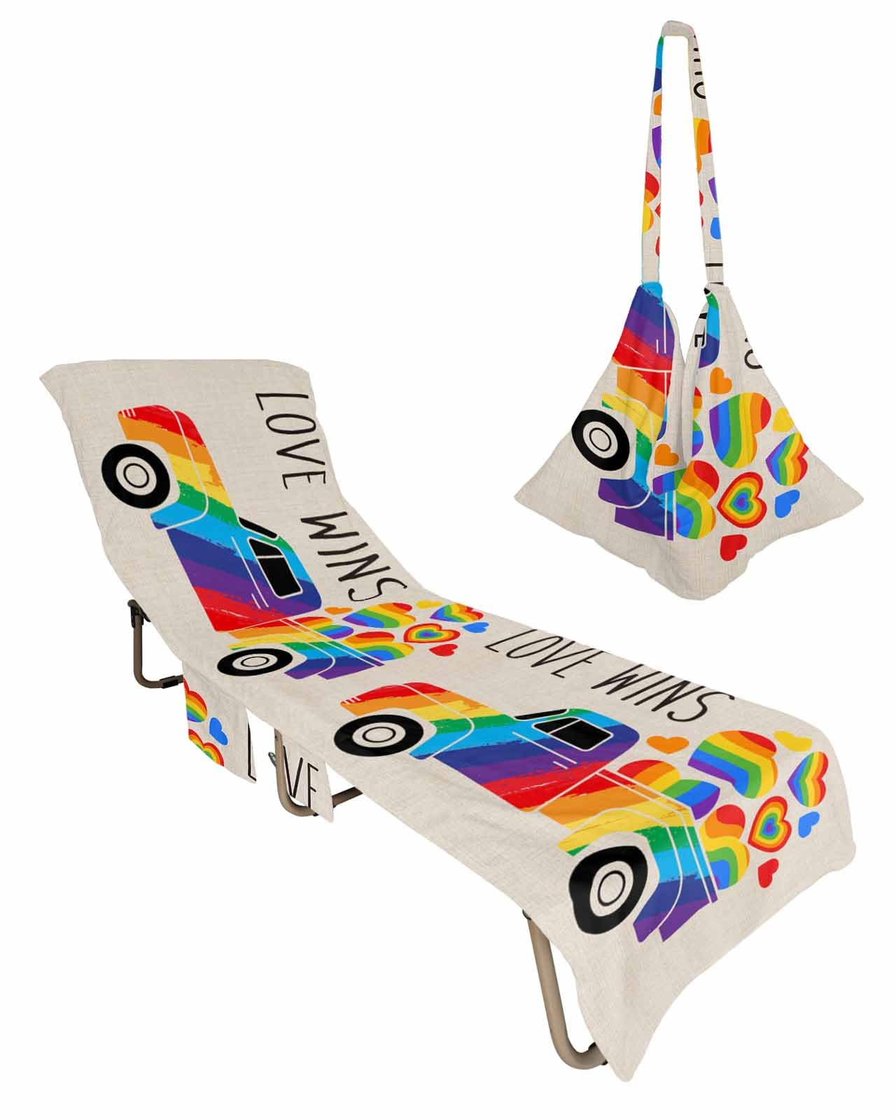 Colorful Truck Beach Chair Towel Covers for Chaise Lounge With Side Pocket, Soft Plush Pool Towels Cover for Patio Sunbathing Outdoor 29''x85'' Abstract Rustic Rainbow Love Heart