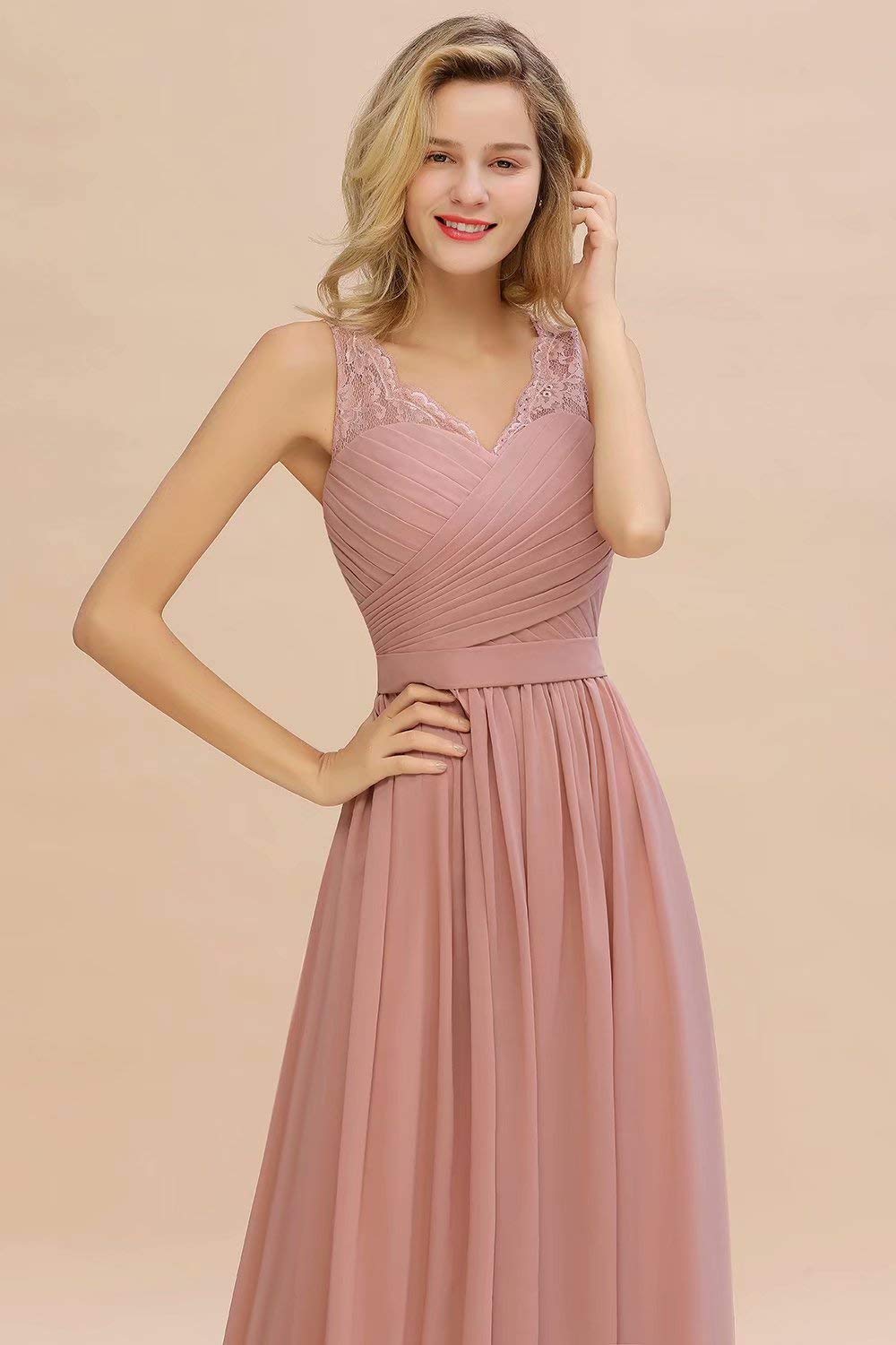 BABYONLINE D.R.E.S.S. Robe de Soirée de Demoiselle d'honneur Soirée Longue plissée Col V en Dentelle Florale Bleu Foncé 38