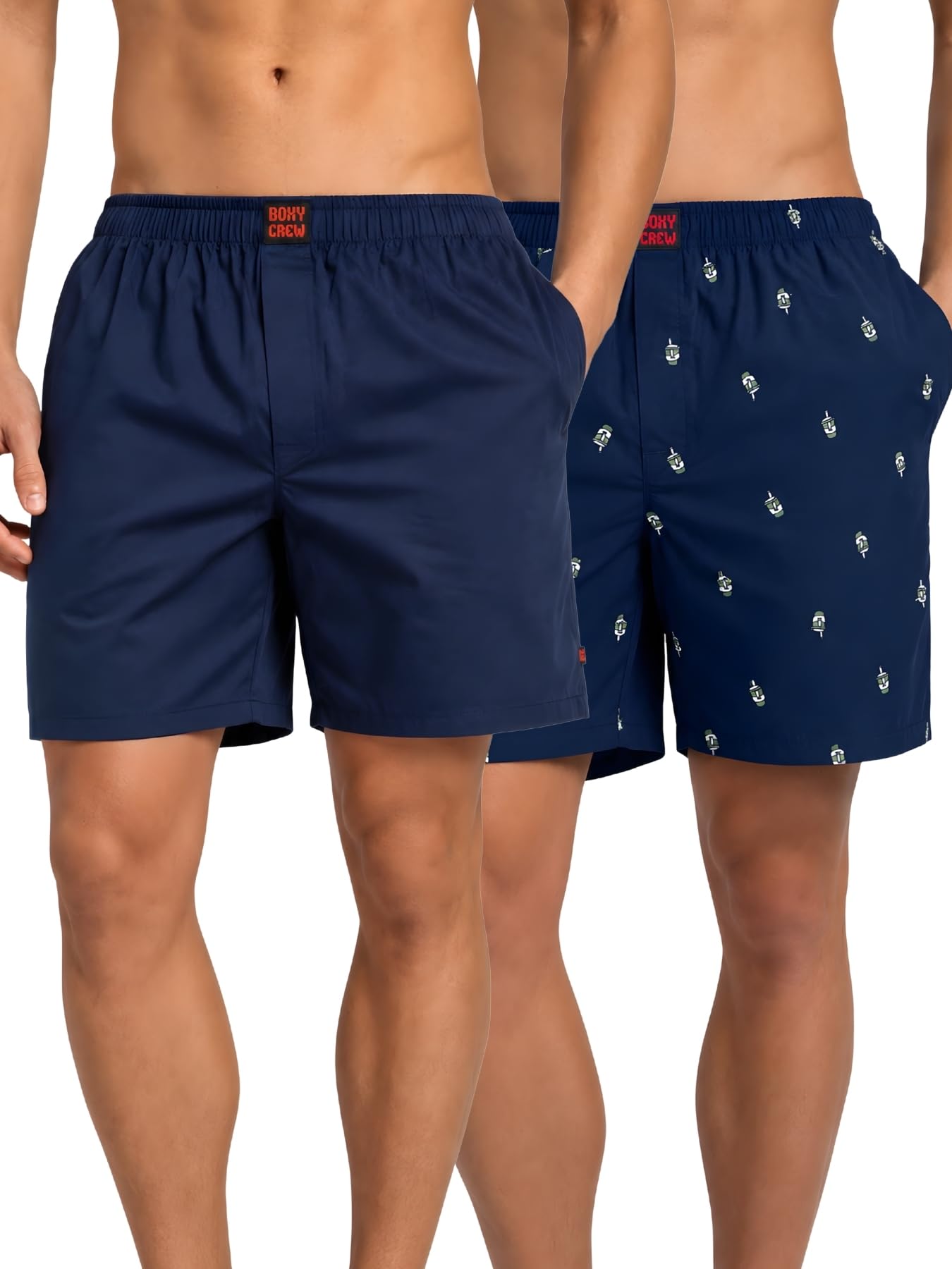 boxy crew Men Boxer Shorts Pack of 2, 100% Cotton Woven Boxers, Navy Blue Combo, Solid & Printed Designs, Dual Side Pockets, No-Marks Inner Elastic Waistband, Relaxed Fit Lounge & Sleep Shorts-picture-10
