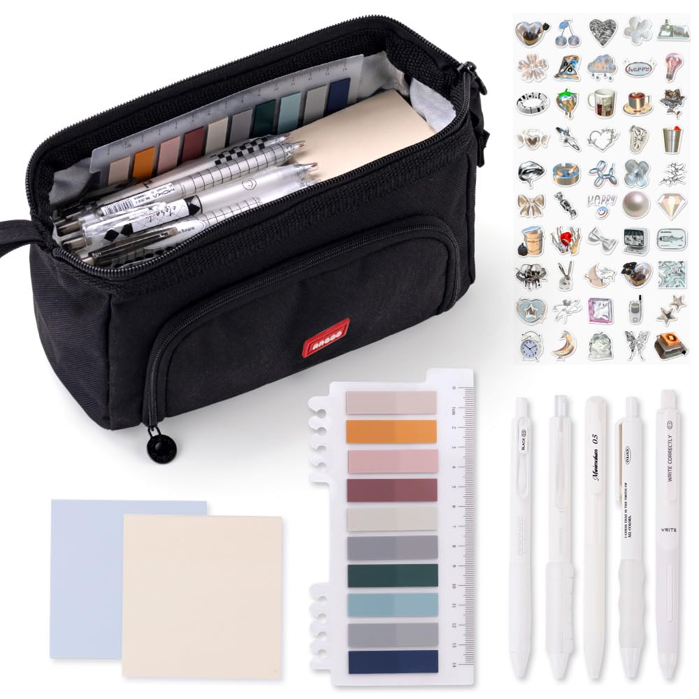 HVOMO Stationery Set,1 large-capacity pencil case,5 quick-drying pens,50 waterproof stickers,2 sticky note pads(200 sheets),1 set of 10-color index labels (200 sheets),Student stationery gift (Black)