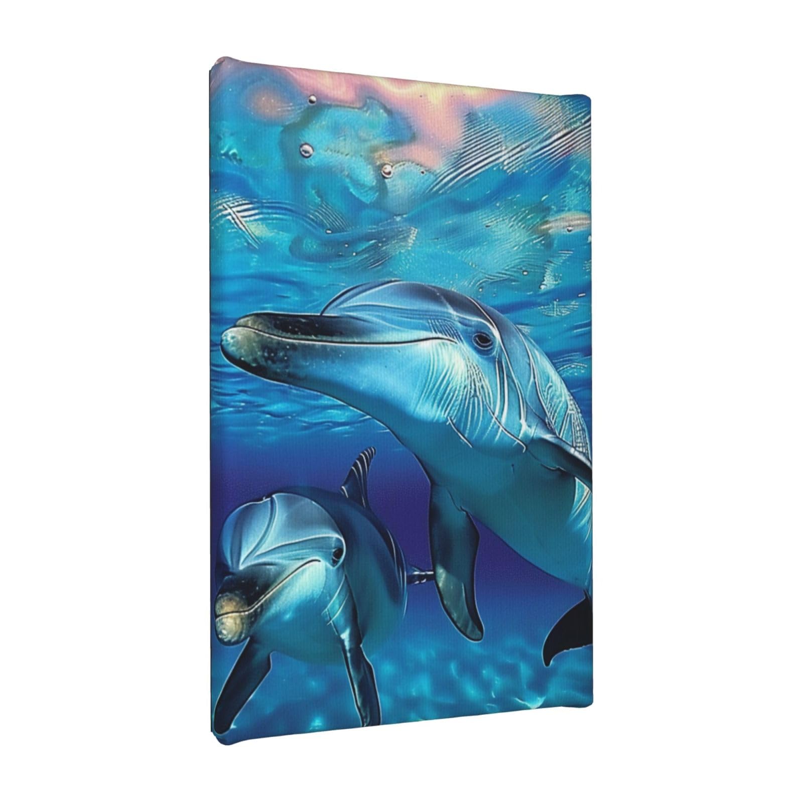 YKLJG Dolphin Printed Wall Art Canvas Painting 20x30 CM Wooden Framed Picture Painting Artwork Prints for Bedroom Kitchen Home Office Decor