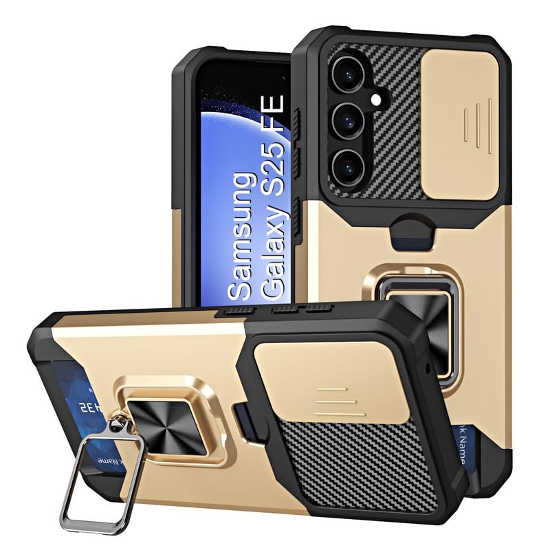 Image of LuxuryKase Shockproof Armor Case for Samsung Galaxy S25 FE | Slide Camera Cover | Hidden Card Slot | Rotating Ring Kickstand | Magnetic Car Mount Support | Military Grade Protection - Gold