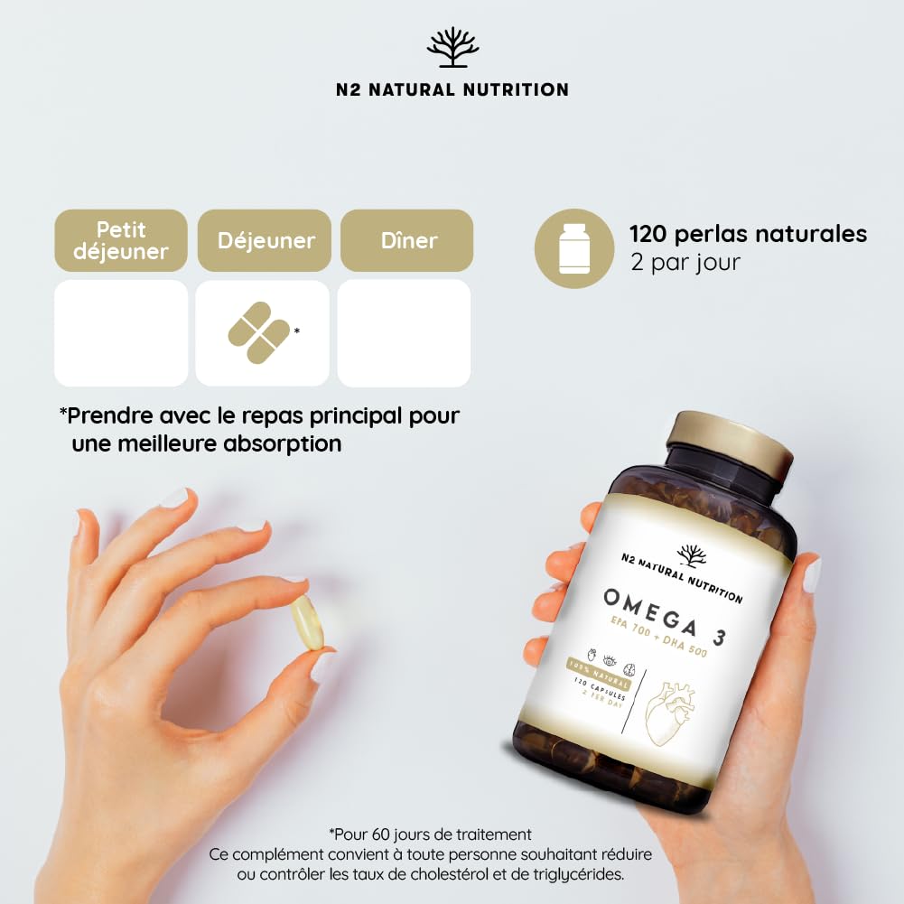Omega 3 Fish Oil 2000 mg, 700 mg EPA et 500 mg DHA. Huile de Poisson et Vitamine E. Aide à Améliorer et Protection la Vision, Cerveau et Coeur. Régule le cholestérol.120 Gélules N2 Natural Nutrition
