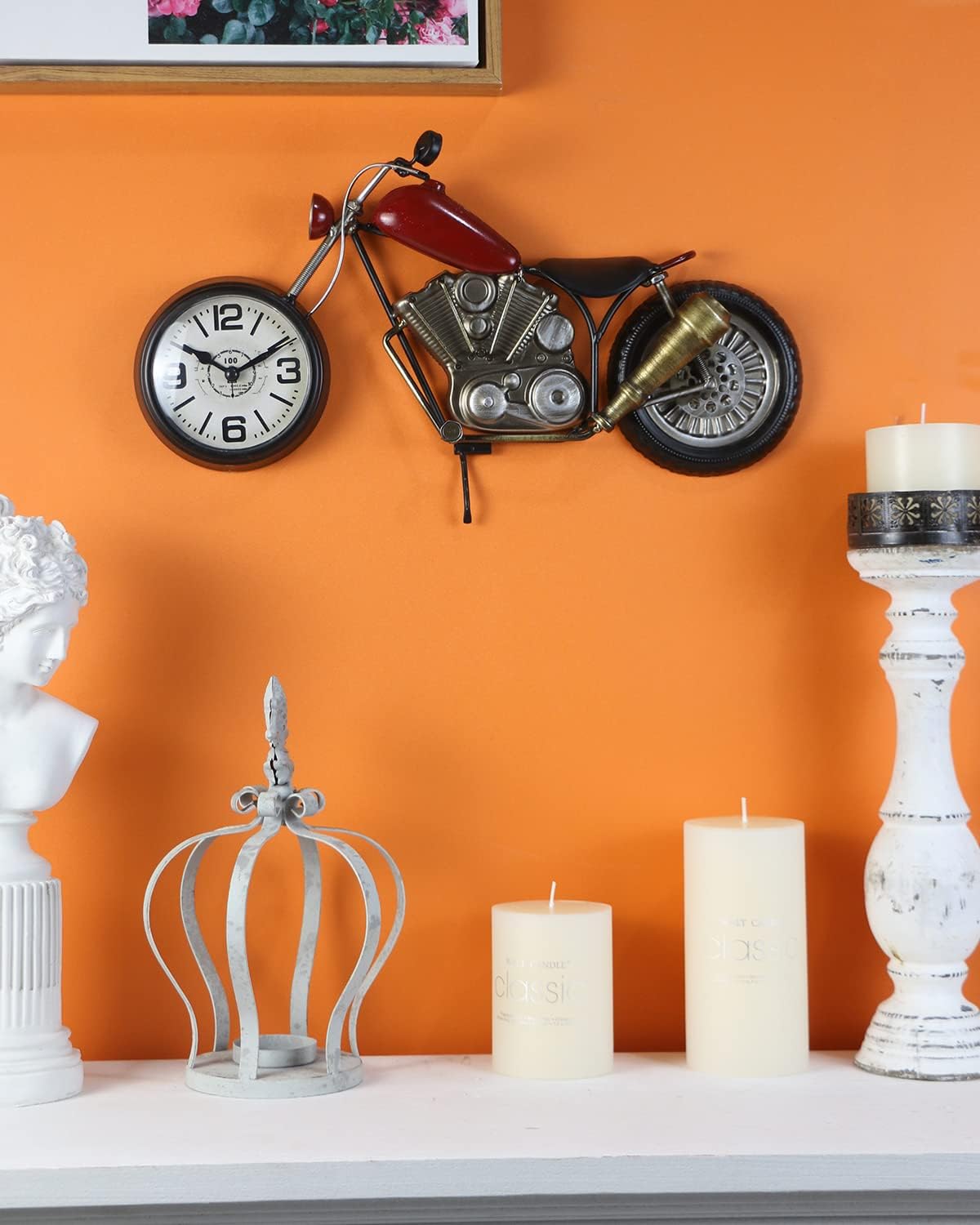 Vintage Motorcycle Desk Clock, Red, Battery Operated, 17.3 in L, 2.5 in W, 7.8 in H