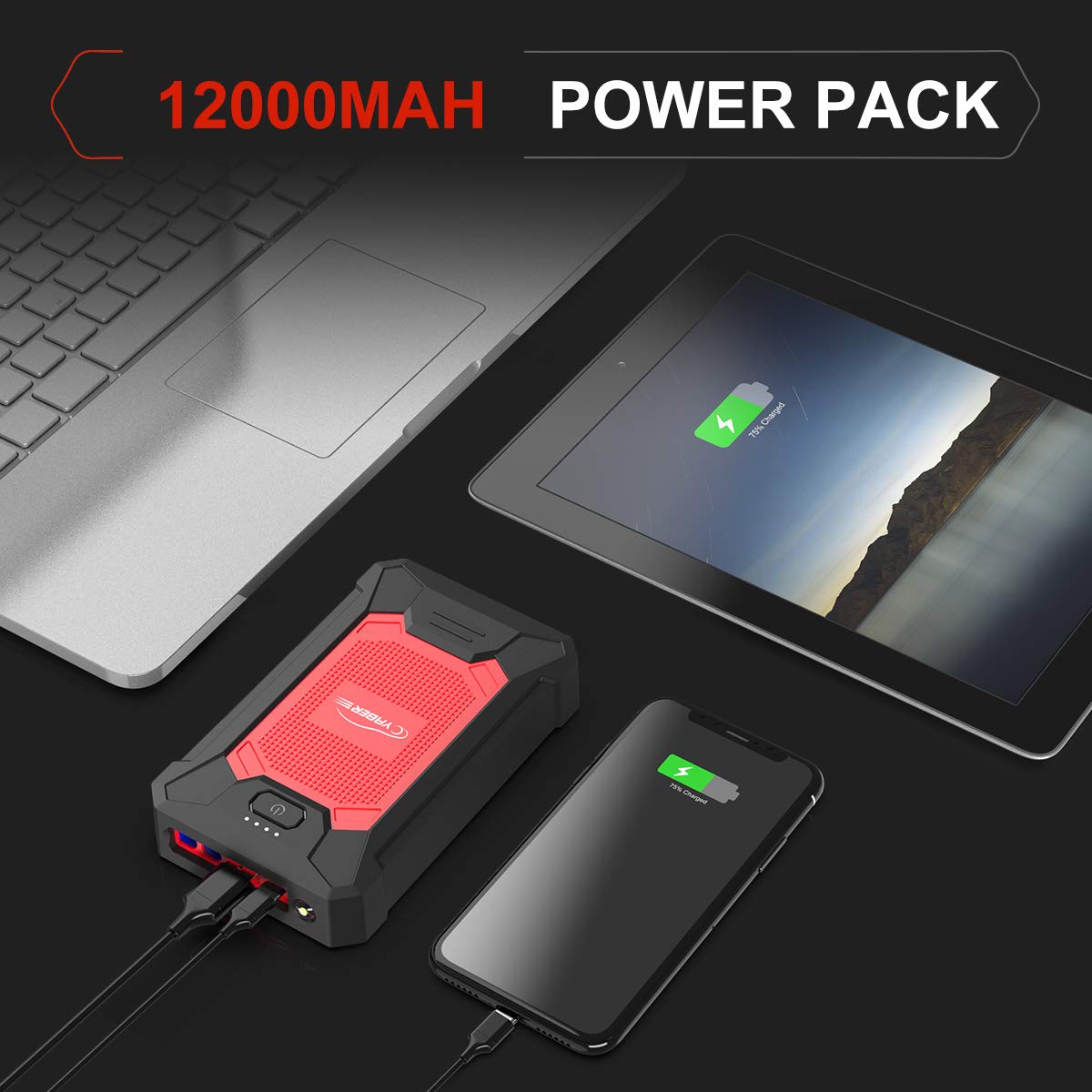 YABER Jump Starter 800A Peak 12000mAh 12V Portable Lithium Car Battery