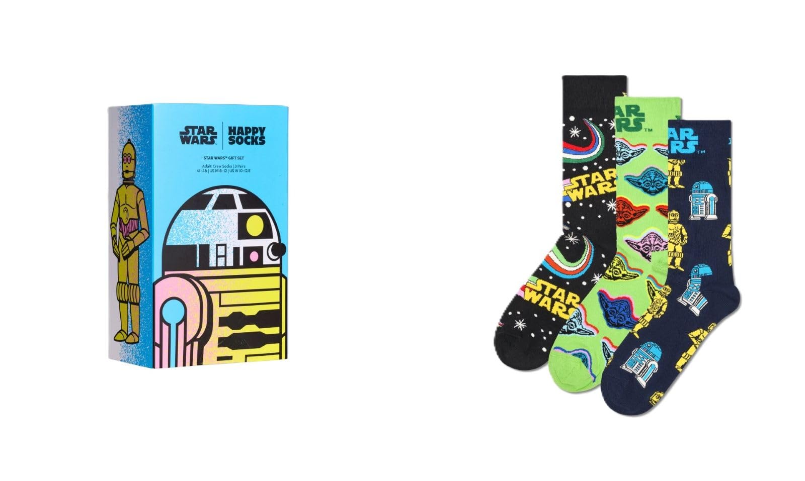 Happy Socks Star Wars Edition - Darth Vader, Yoda, R2-D2 and Storm Trooper Pattern - Cotton Socks for Men and Women, 3-Pack Star Wars FW24, 36-40