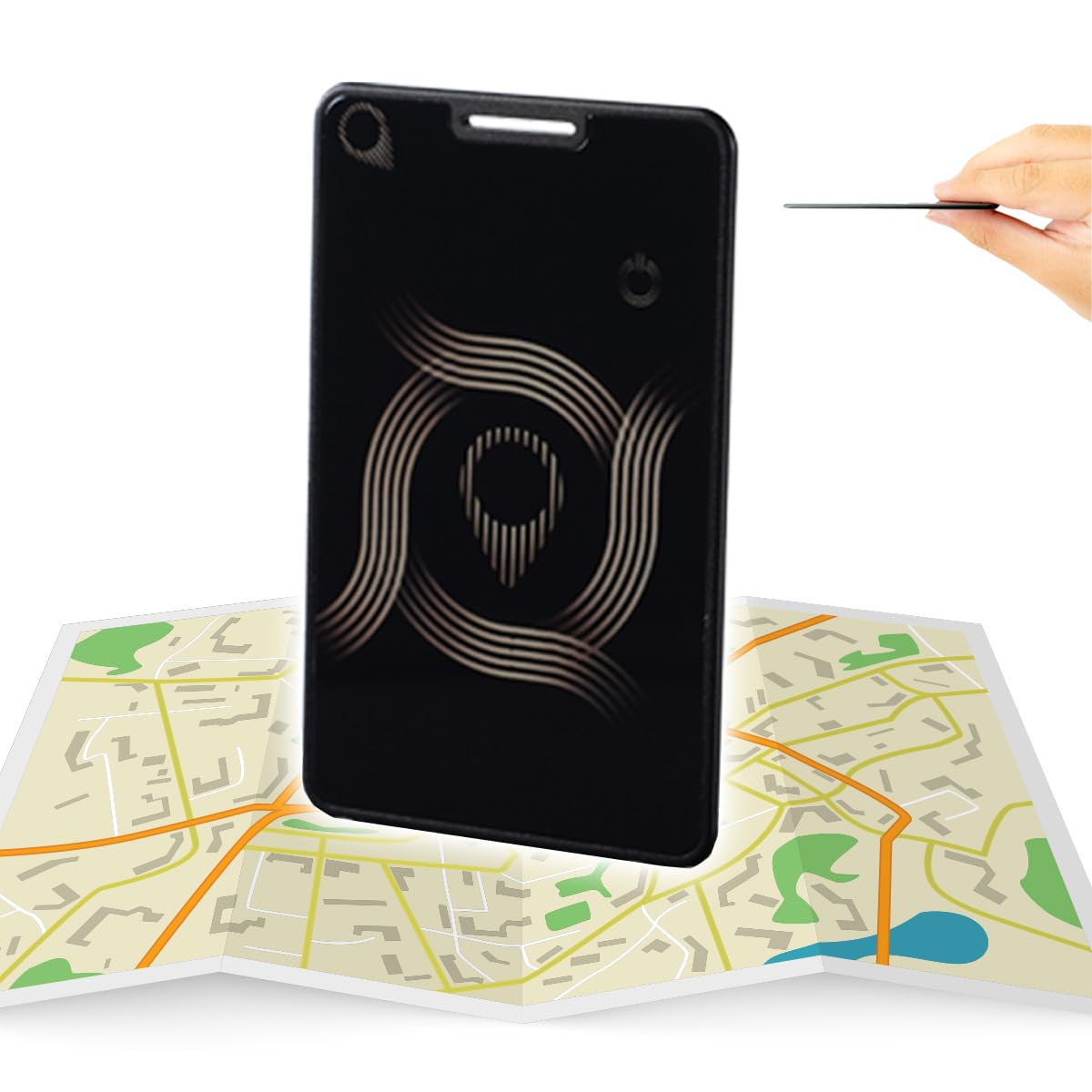 Loshall Smart Tracker Card F09-B in a wallet with a smartphone displaying the Find My app