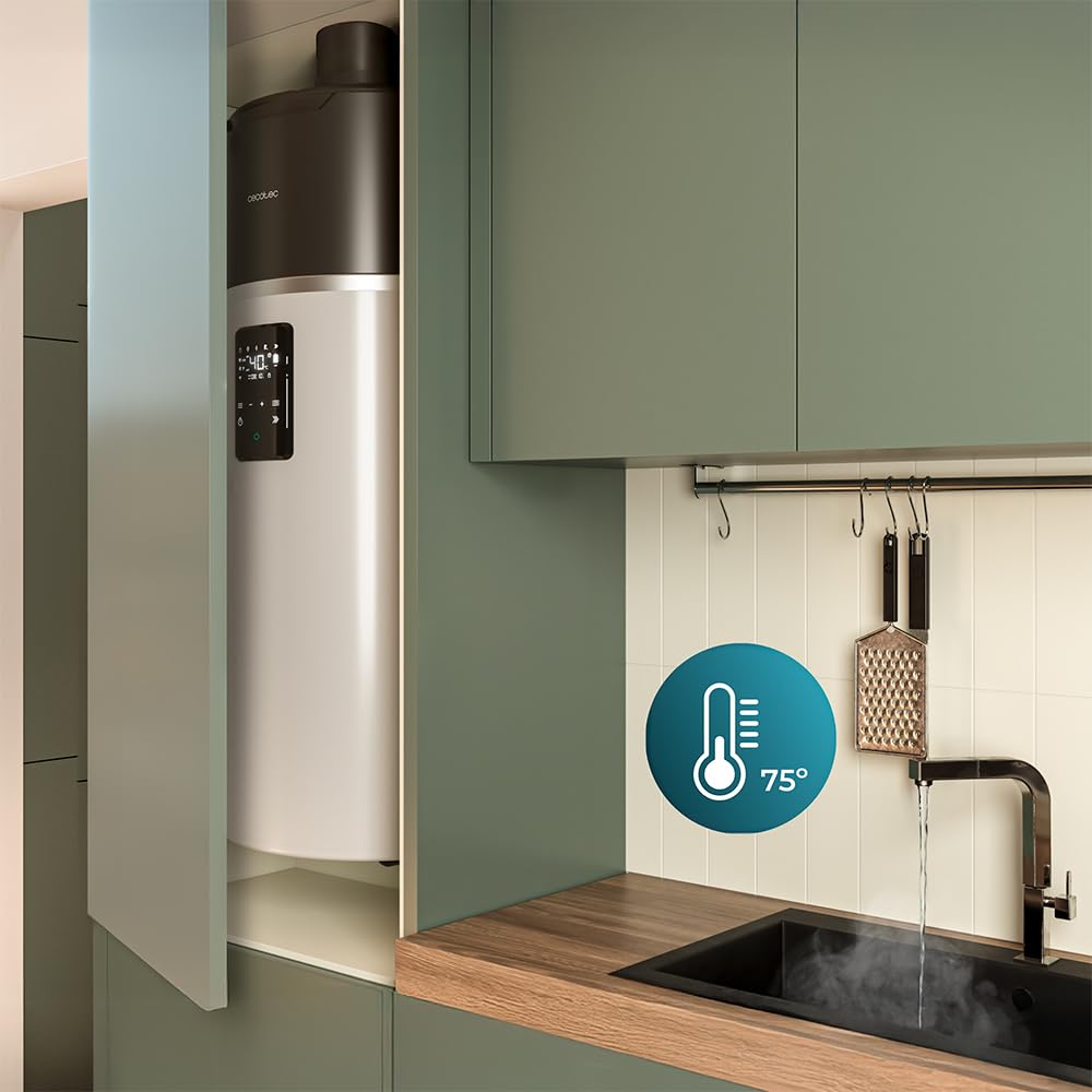 Cecotec Termo con Aerotermia de 100L, Calentador de Agua AeroThermal 100 Water Connected. Energía Sostenible, Bajo Consumo, Pantalla Táctil, Control por APP, R290, Temperatura hasta 75ºC