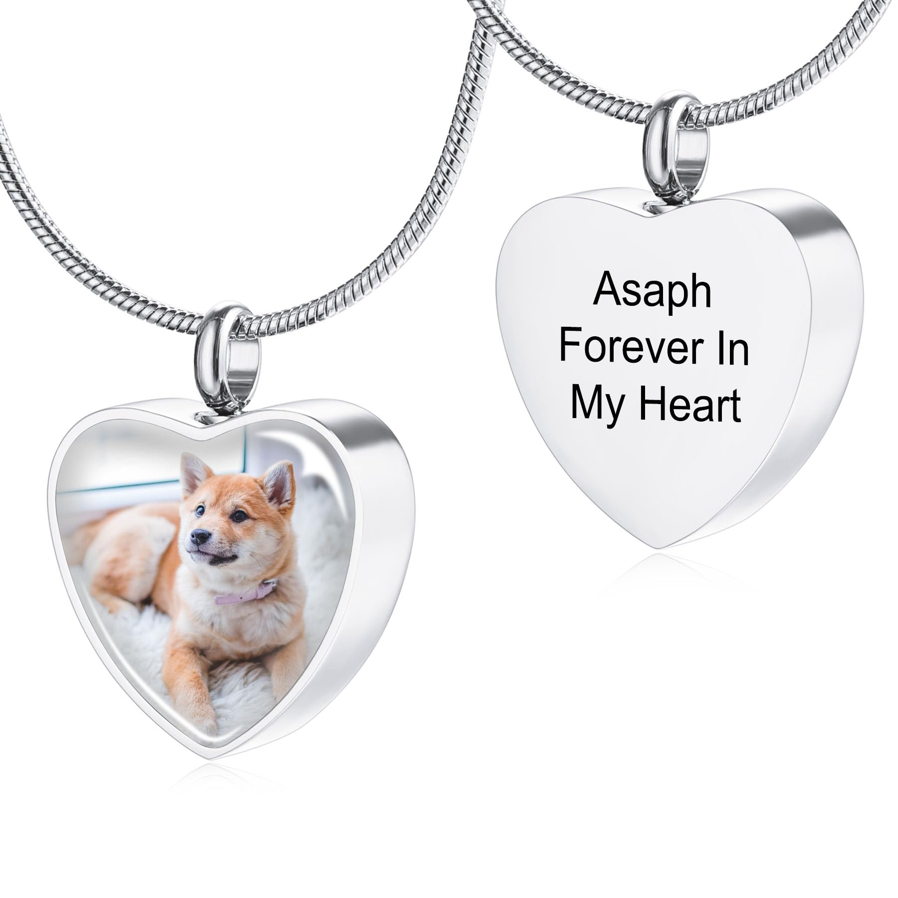 MeMeDIYPersonalized Heart Paw Print Ashes Urn Pendant Necklace Custom Name/Photo/Date for Women Men Pet Lover Stainless Steel Memorial Dog Cat Pet Keepsake with Funnel Fill Kit Angel Wing