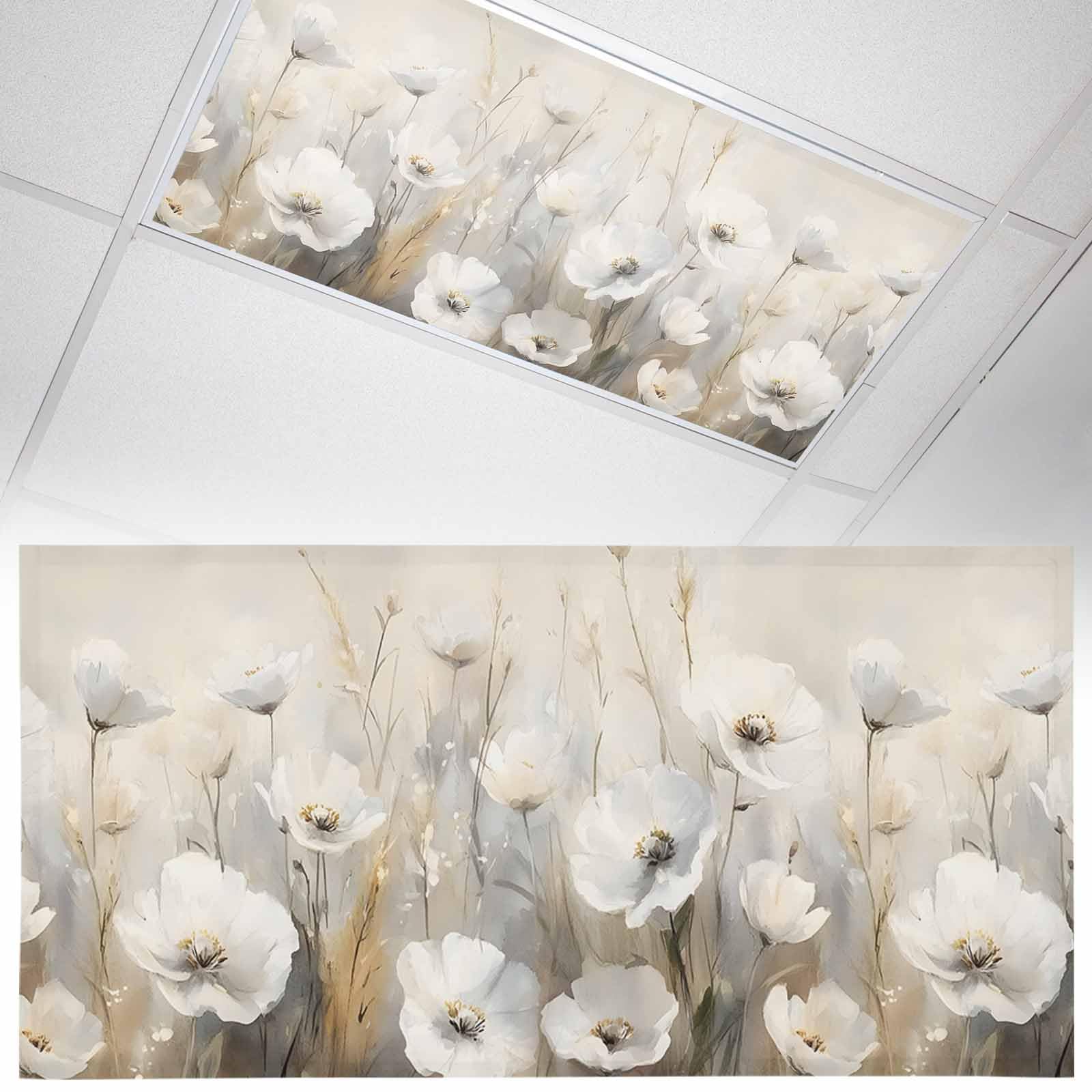 Wowouhiya 1 Pack Fluorescent Light Cover for Ceiling Lights, White Spring Floral Magnetic Classroom Light Filters 4x2 Feet, Modern Oil Painting Pastoral Decorative Ceiling Shade Panel for Office