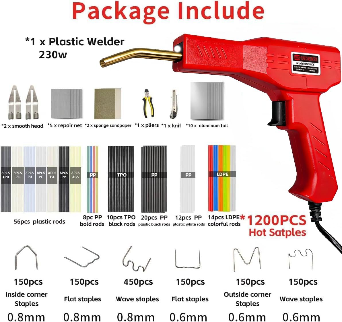 Upgraded 230W 2-in-1 Plastic Welder Kit,Hot Stapler Soldering Gun with 1200PCS Staples & 120PCS Welding Rods,Built-in Temperature Control Protector, Suitable for Most Plastics