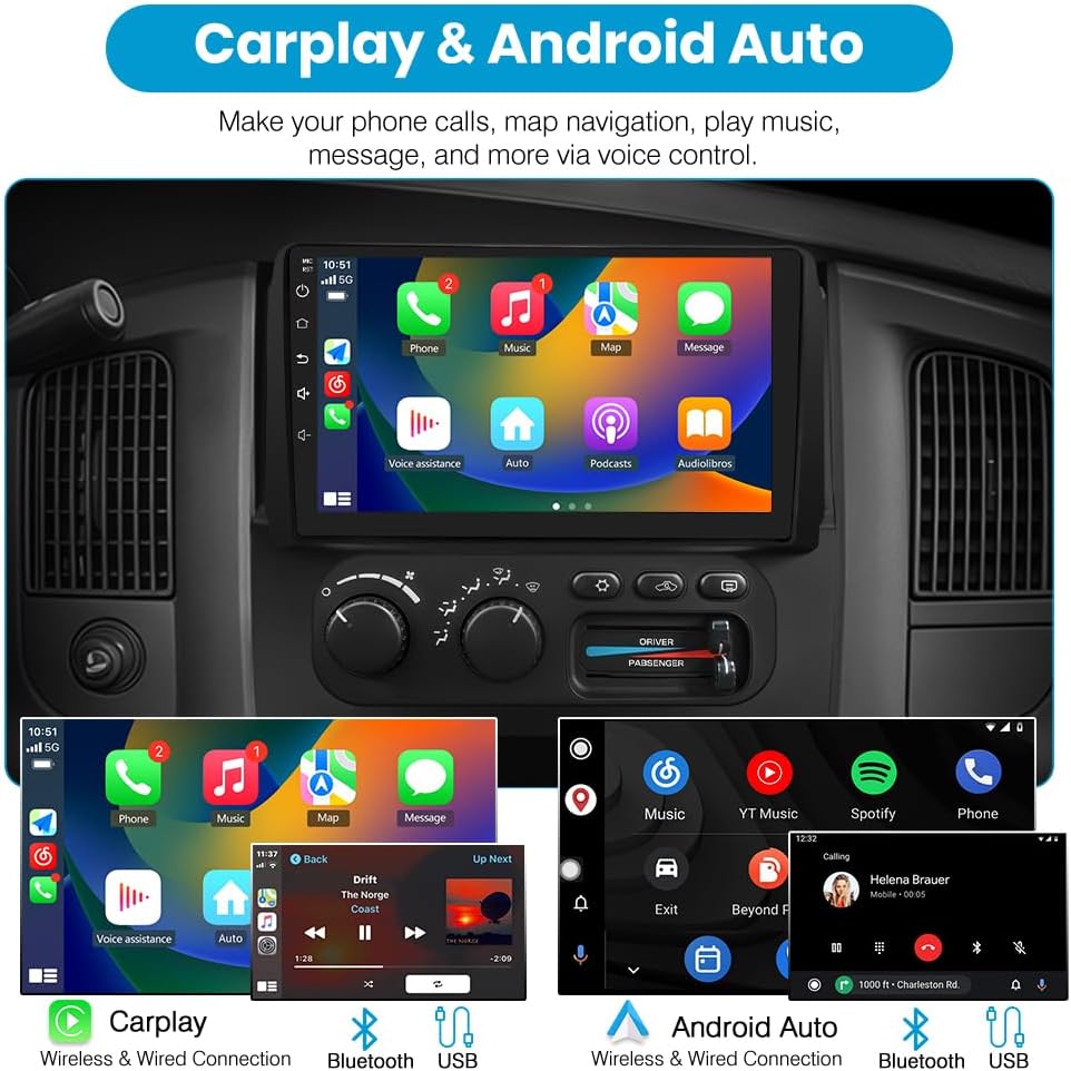 Screenshots of Wireless CarPlay and Android Auto interfaces on the Junsun car radio, showing navigation, music playback, and phone call functions.