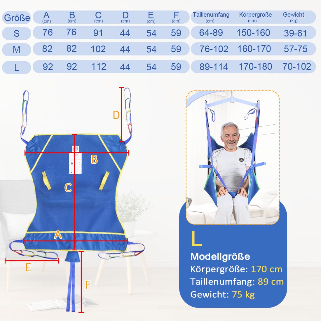 Universal Ganzkörper Hebegurt für Patientenlifter, Atmungsaktives 3D-Mesh Transfergurt für Senioren und Pflegebedürftige, Umsetzhilfe mit Herausfallschutz, bis 230 kg (Blue, mittel)
