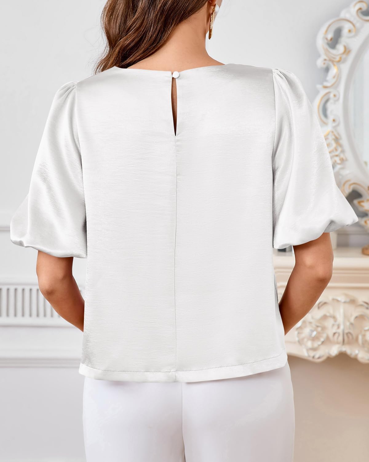 Tankaneo Womens Satin Silk Blouses Puff Short Sleeve Dressy Casual Tops Loose Fit Crew Neck Cropped Shirts - Image 5