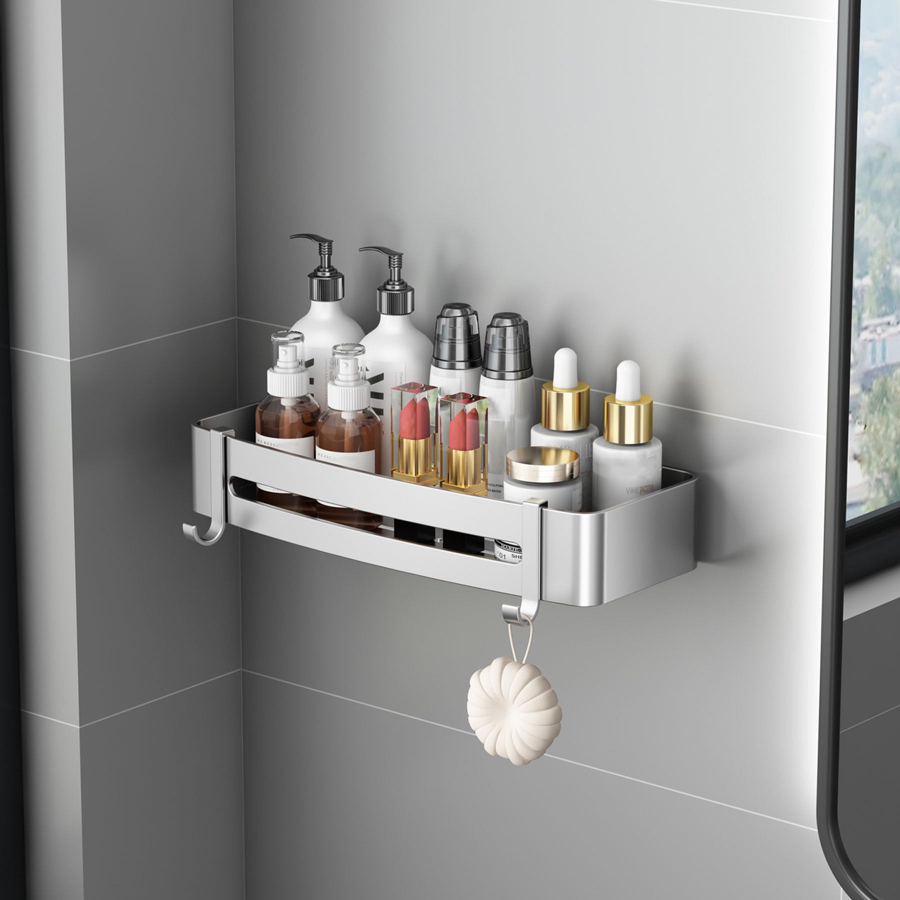 SRURLLUG Adhesive Shower Caddy 3-Pack Wall-Mounted Bathroom Storage Rack with Removable Hooks Large Capacity Rustproof Shower Storage Rack