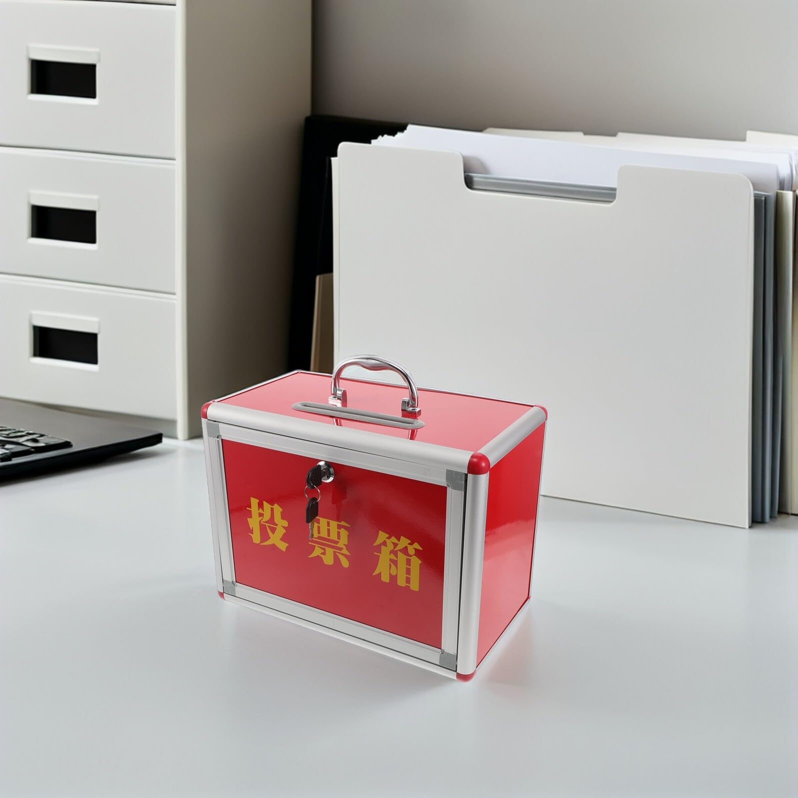 BESTonZON Cassetta Suggerimenti Rossa con Fessura, Chiudibile, 13.3 X 9.8 | Mdf e Lega di Alluminio, Struttura Robusta, Maniglia Integrata, per Raccolta Beneficenza e Voto Comunitario