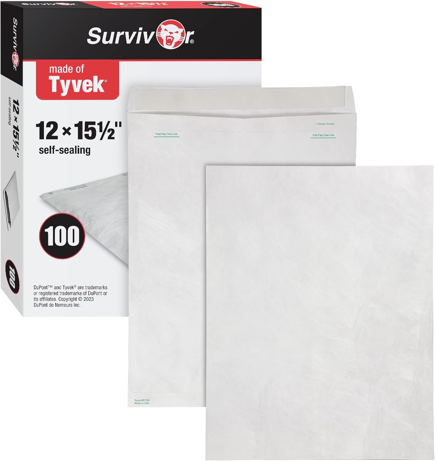 Quality Park Survivor Tyvek Shipping Envelopes, 12" x 15-1/2", Made with Lightweight and Strong DuPont Material, Peel and Seal Closure, White Shipping Envelopes, 100 Per Box (QUAR1790)