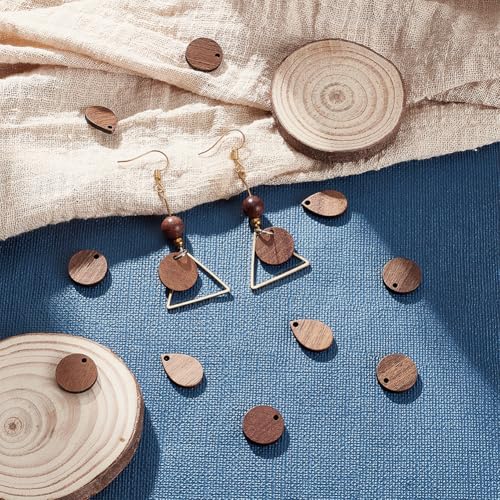 AHANDMAKER 40 Stück Anhänger Tabletts Flache Ohrringanhänger Aus Walnussholz 2 Stile Tropfen Und Runder Anhänger Sattelbraune Holzohrring Anhänger für Ohrring Halskette Choker Schmuck machen