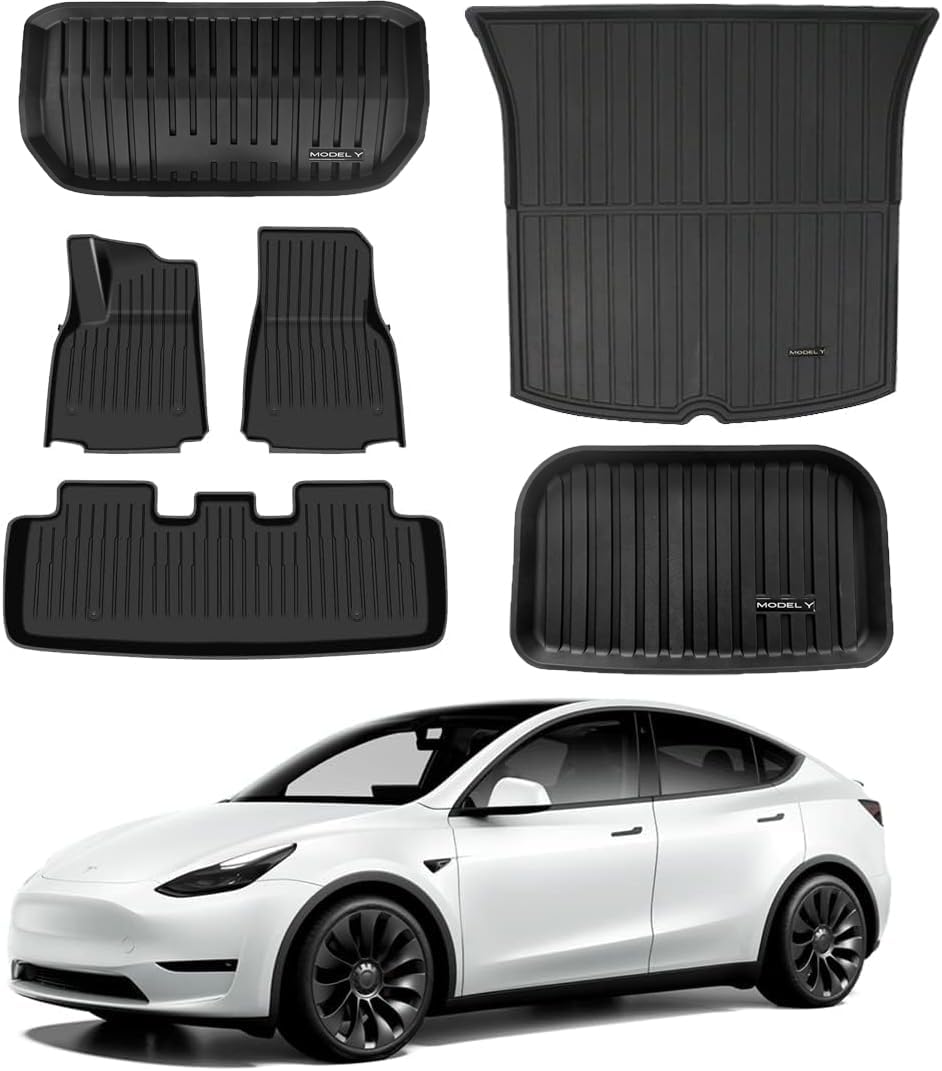 Pedigree 3D TPE Material Model Y Floor Mats Set Tesla Full Cover All Weather Rear Trunk Liners Custom Fit Heavy Duty Rubber Odorless Model Y Accessories 2021-2024 2025(Floor+Storage+Cargo Mat)