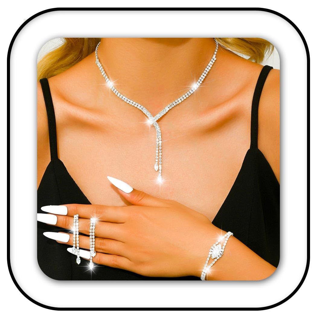 GORAIS Wedding Jewelry Sets Silver Rhinestone Necklace Bridal Prom Jewelry Set for Women and Brides