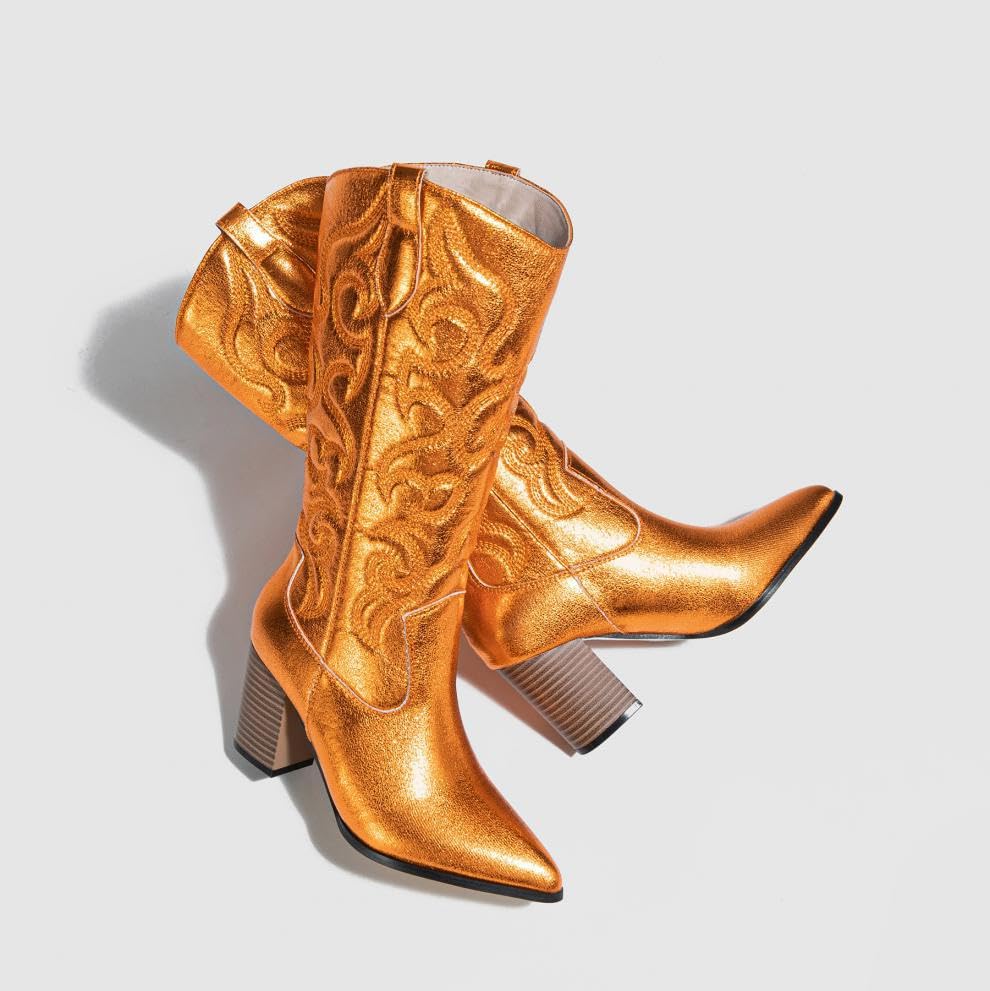 Cowboy Boots for Women Western Mid Calf Boots Retro Pointed Toe Pull On Long Tall Block Chunky Heel Cowgirl Boots3