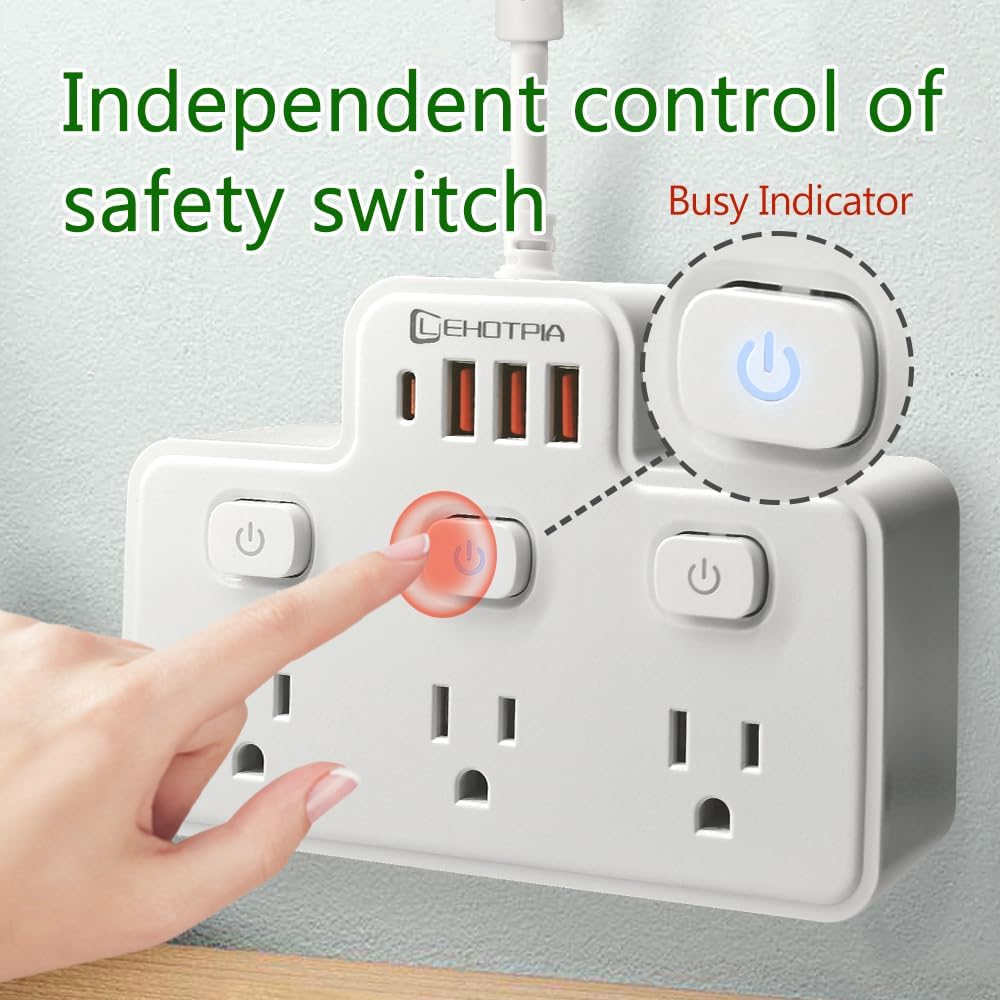 Short Extension Cord,Power Strip 6 Widely Outlets with 4 USB Ports.(Black) image 4