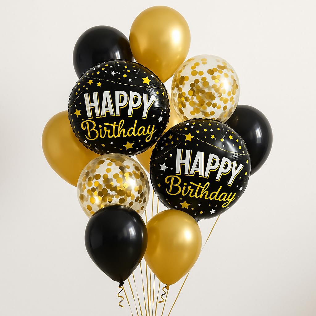 AMFIN® (Pack of 11) Happy Birthday Round Foil Balloon Combo for Adult, Friends, Husband, Boyfriend, Girlfriend, Wife Party Decorations / 1st Birthday Balloons Decoration Kit - Black & Golden-image-14