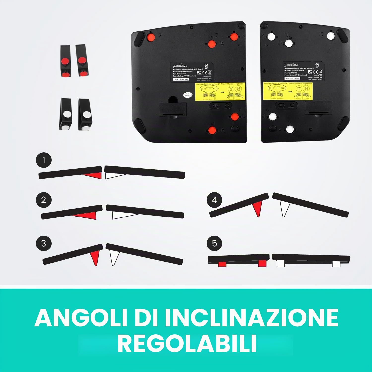 Perixx PERIBOARD-624B - Tastiera ergonomica senza fili, design split, TKL, inclinazione regolabile, layout QWERTZ, colore: Nero