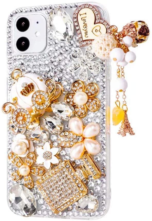 Max-ABC Compatible with iPhone 12 Pro Max Bling Glitter Case,Luxury Shiny Diamond Crystal Rhinestone Sparkly Jewelled Gemstone Pumpkin Car 3D Handmade Clear Cover Case for Women Girls