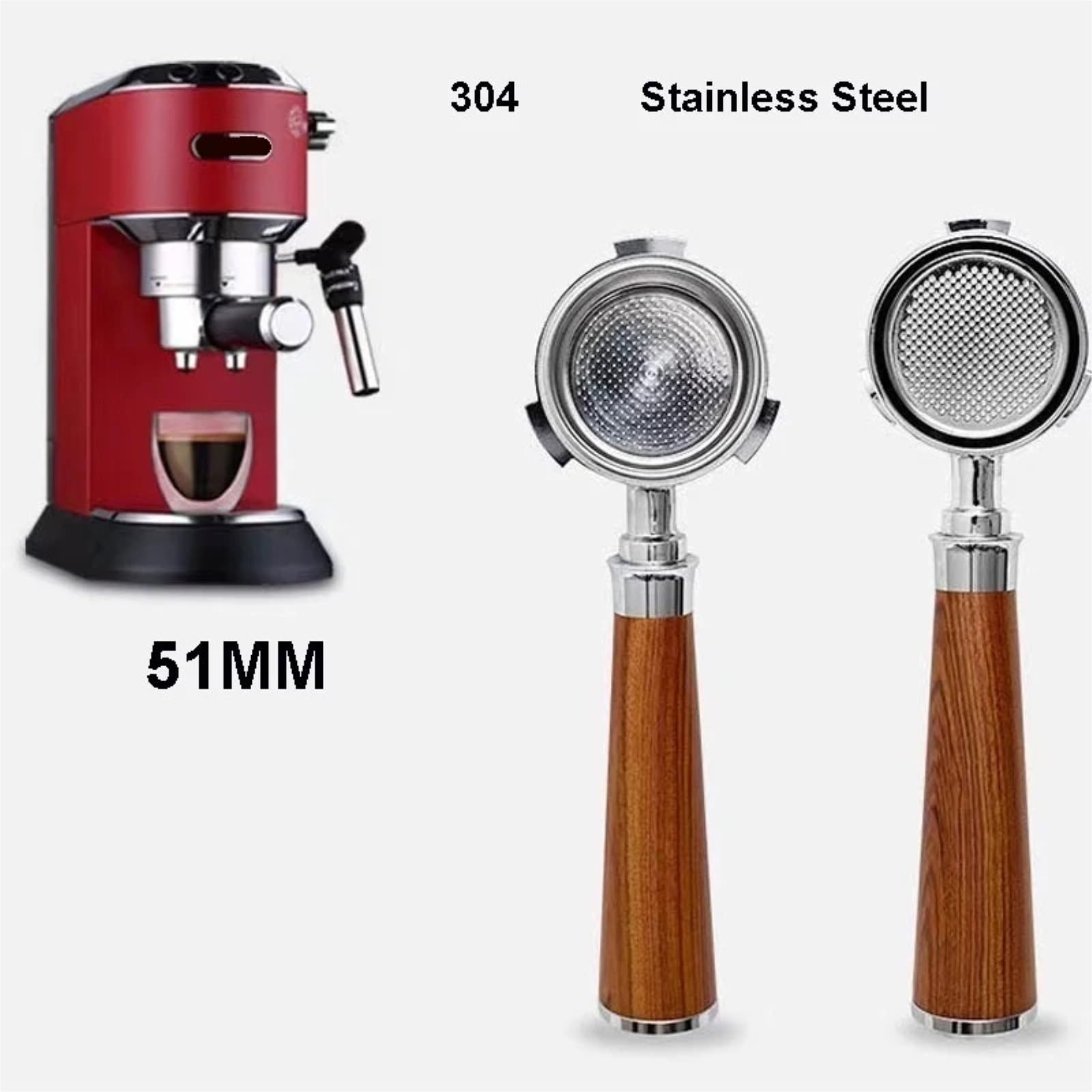 Portafiltro Compatible Con De'Longhi Dedica EC680/EC685. | Portafiltro sin fondo de 51 mm y 3 orejas con mango de madera - Cesta de filtro de repuesto for barista(Red)